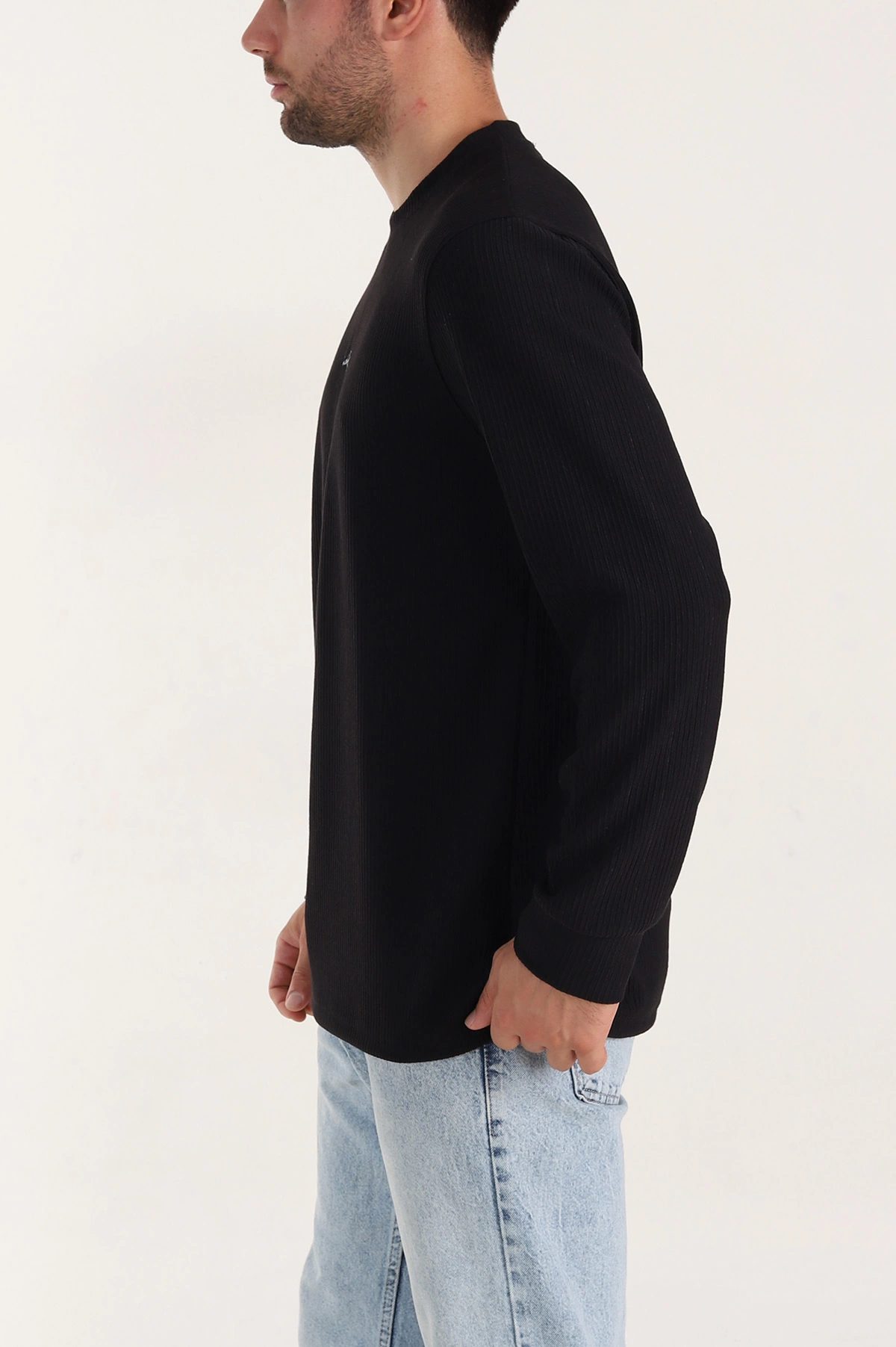 Siyah Fitilli Bisiklet Yaka Yazı Detaylı Erkek Sweatshirt 396227