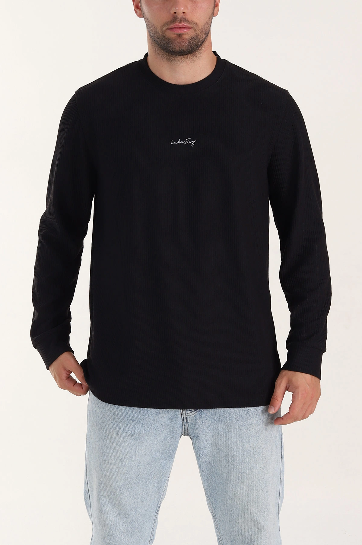 Siyah Fitilli Bisiklet Yaka Yazı Detaylı Erkek Sweatshirt 396227