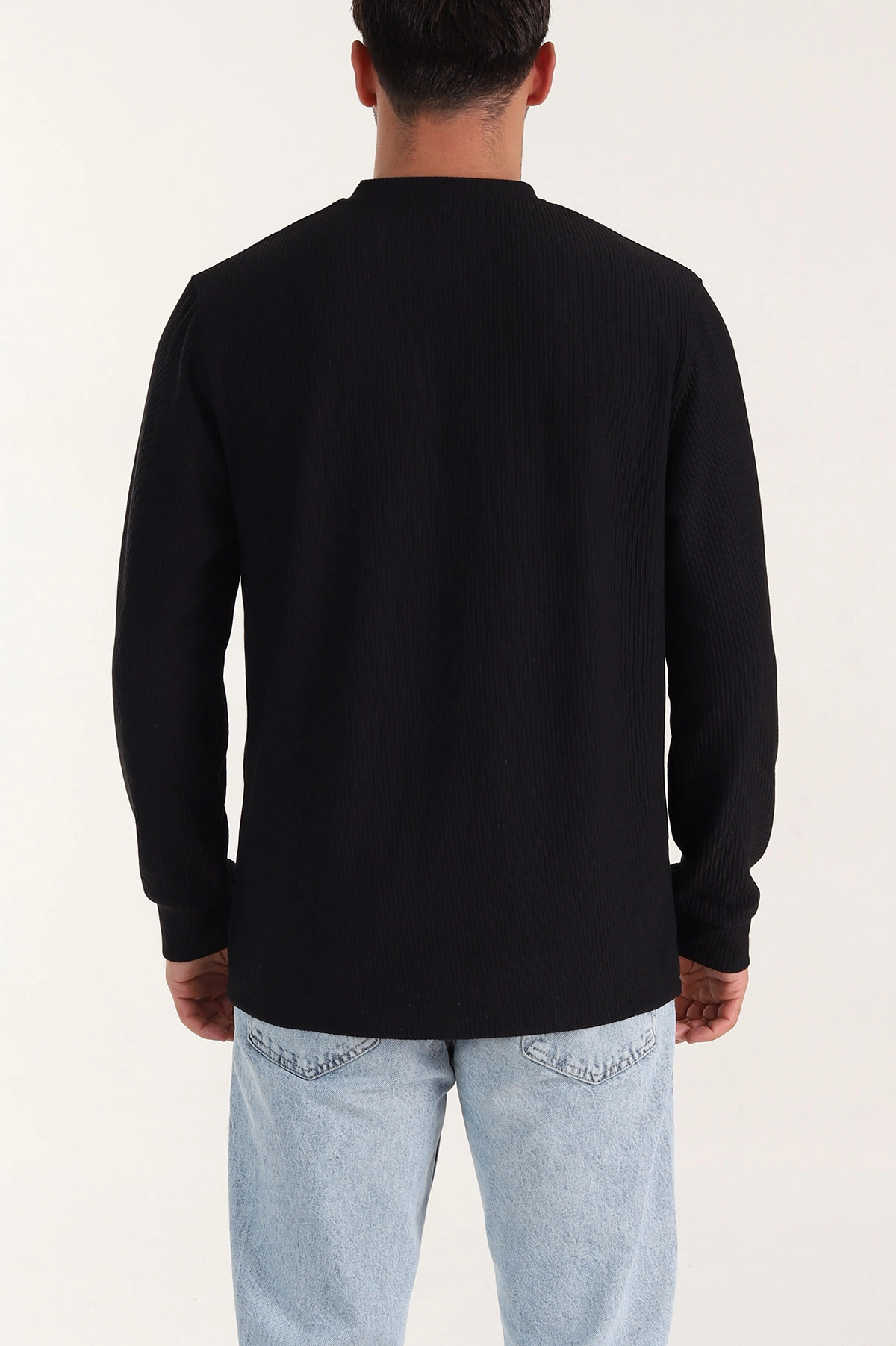 Siyah Fitilli Bisiklet Yaka Yazı Detaylı Erkek Sweatshirt 396227