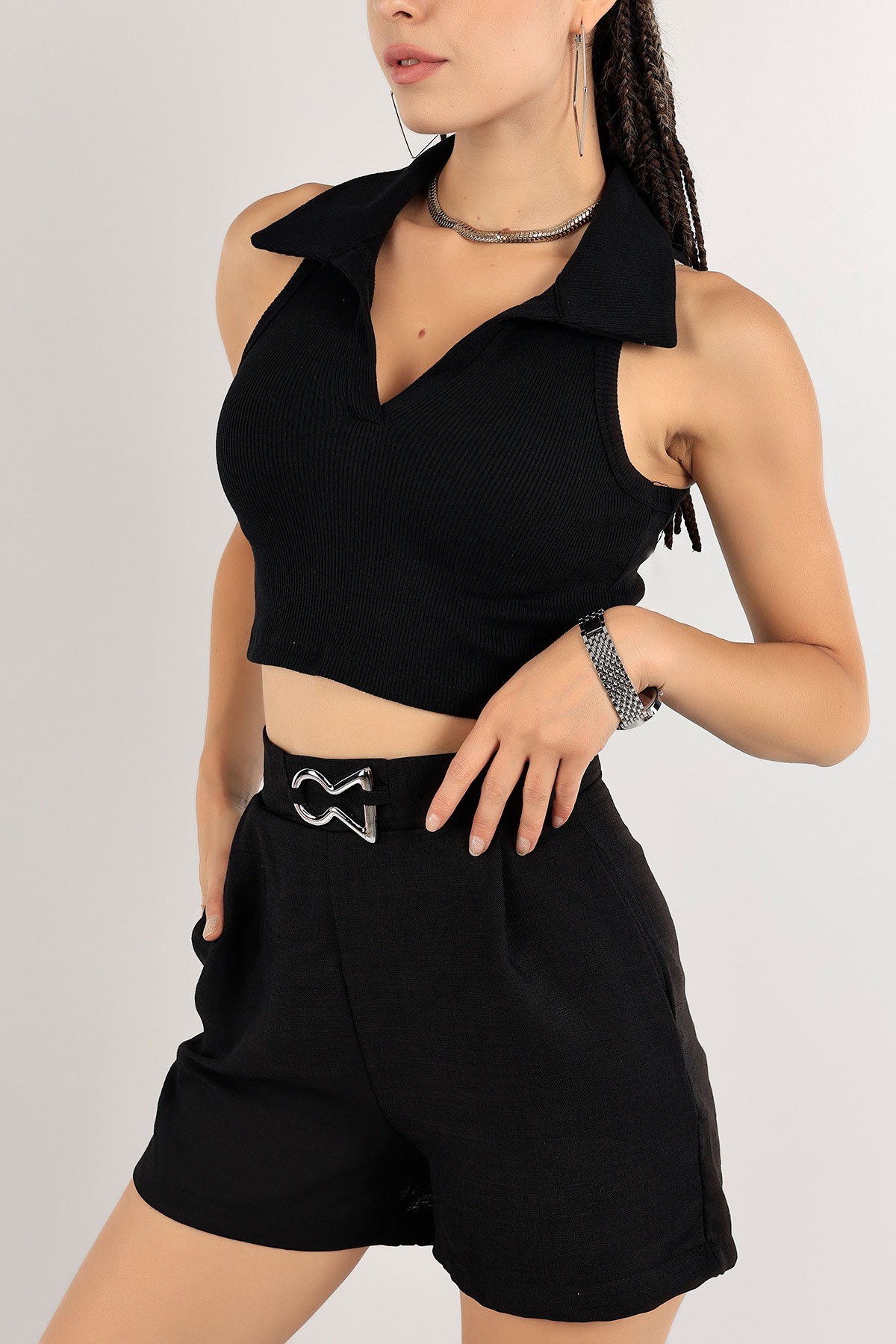 Siyah Fitilli Crop Bluz 121311