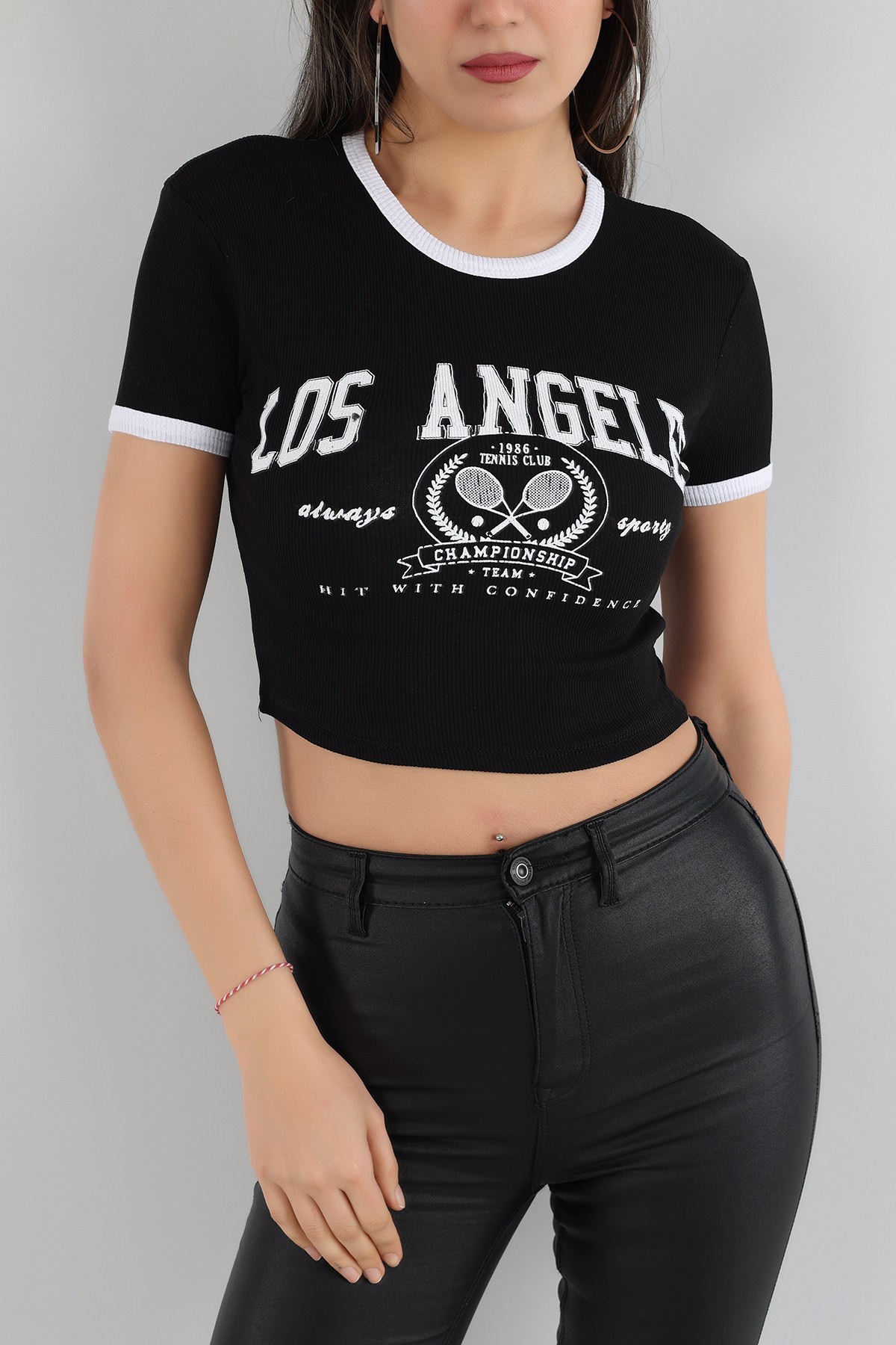 Siyah Fitilli Crop Tişört 166028