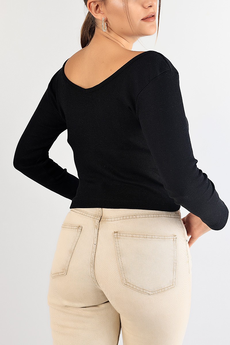 Siyah Fitilli Likralı Bluz 84406