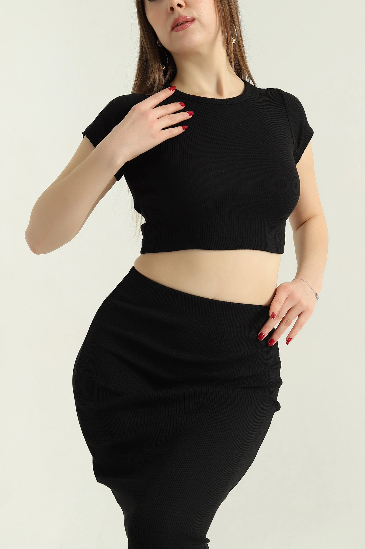 Siyah Fitilli Likralı Bluz Etek Kadın İkili Takım 336785