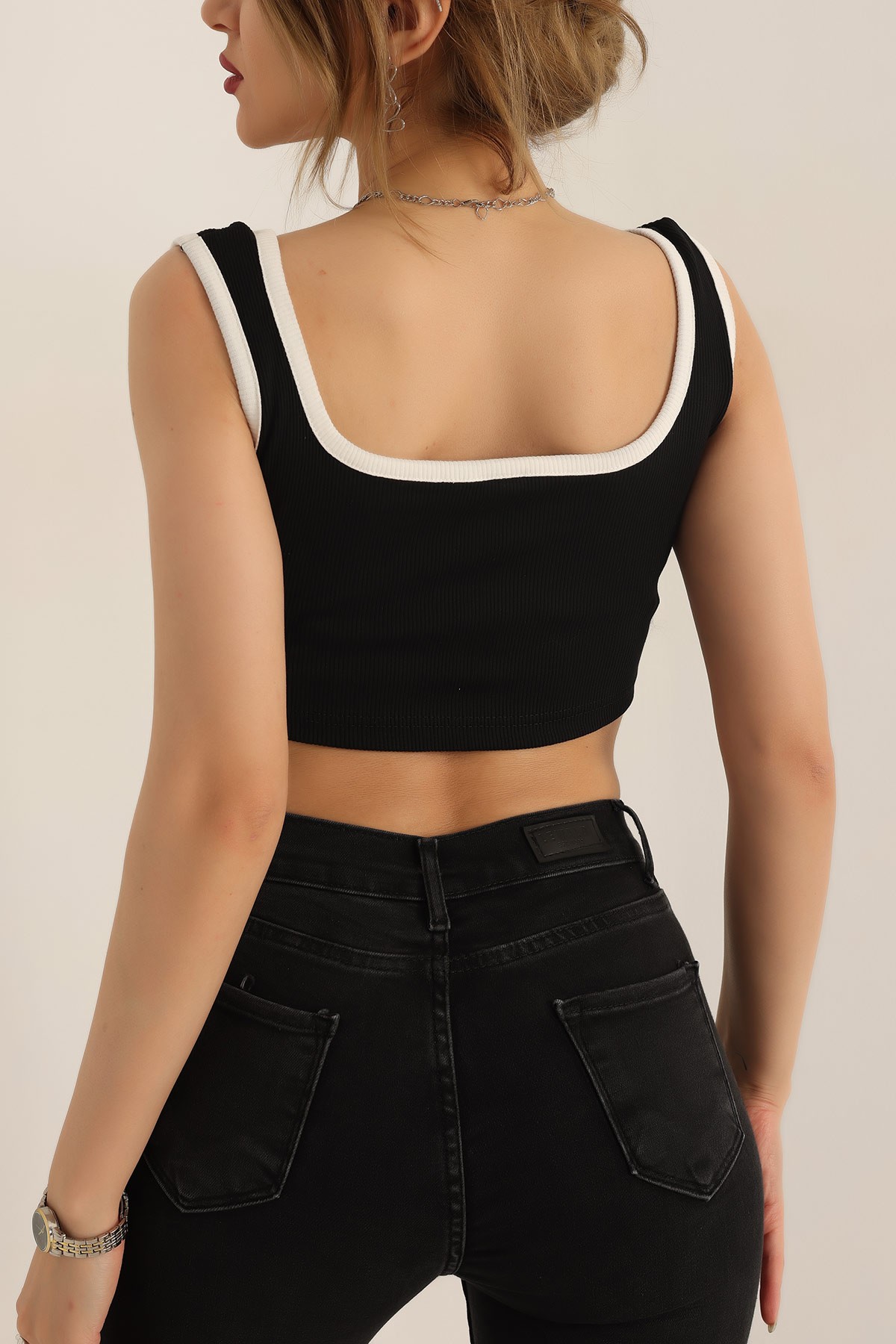 Siyah Fitilli Likralı Crop Üst 180285