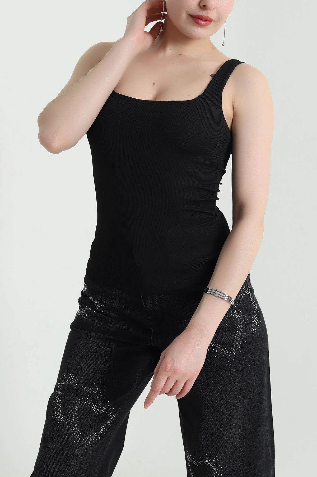 Siyah Fitilli Likralı Kolsuz Kadın Bluz 454444