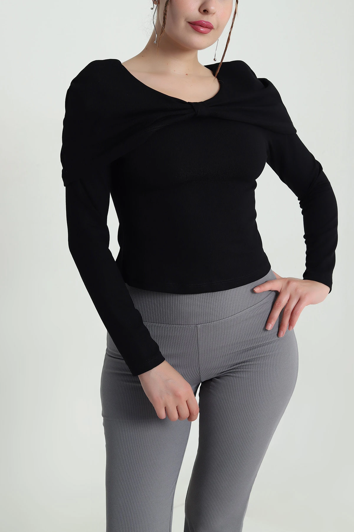 Siyah Fitilli Modal Kadın Bluz 482834