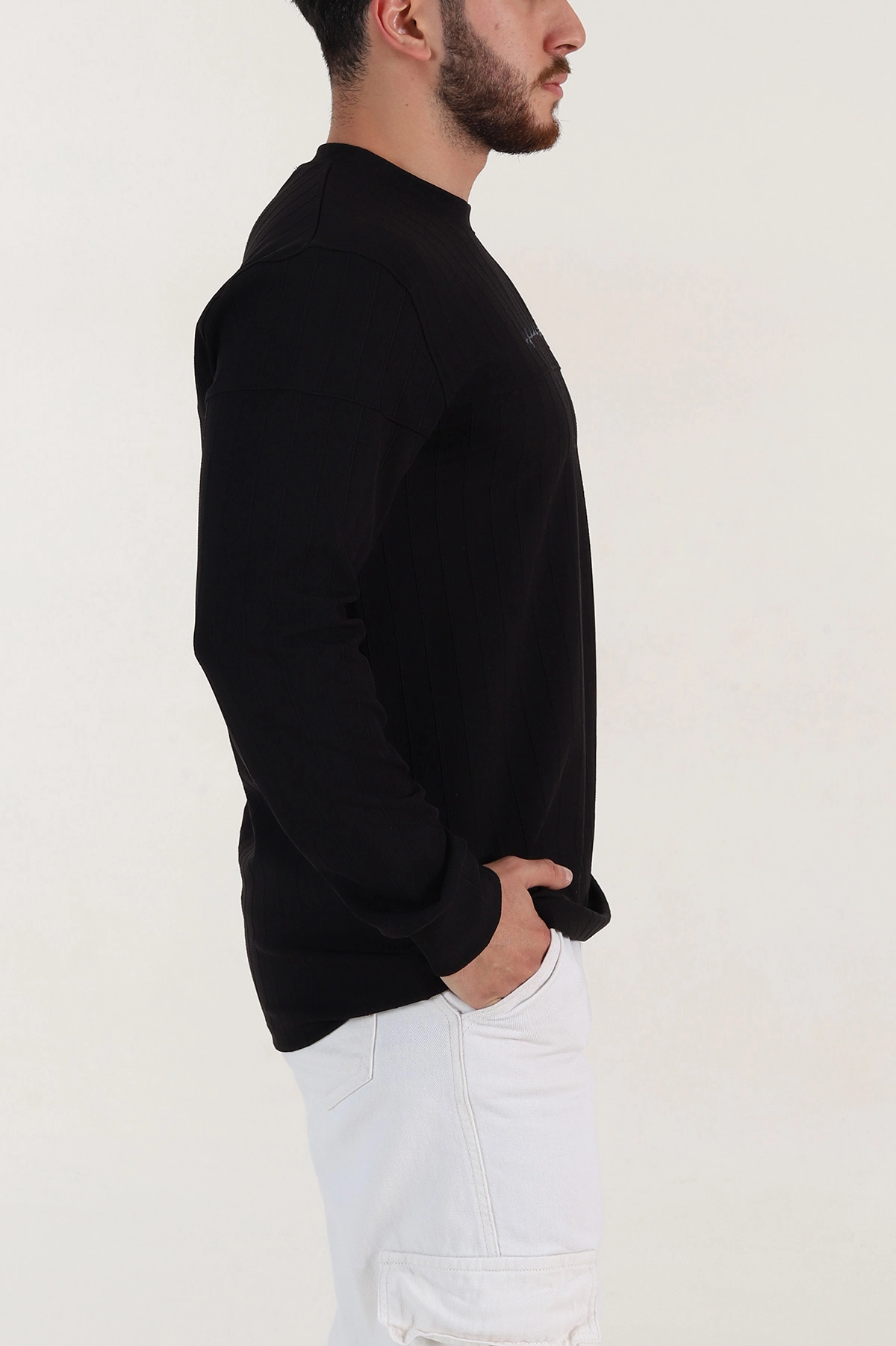 Siyah Fitilli Nakışlı Bisiklet Yaka Erkek Sweatshirt 396903