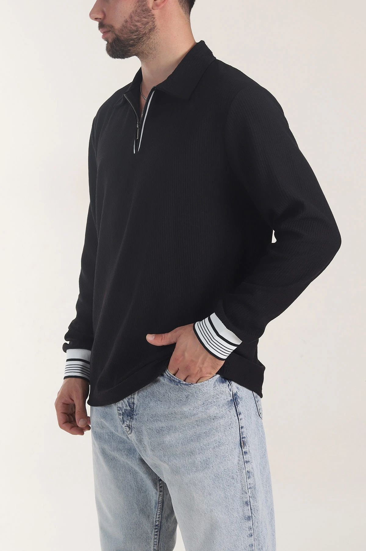 Siyah Fitilli Yarım Fermuarlı Dik Yaka Erkek Sweatshirt 404808