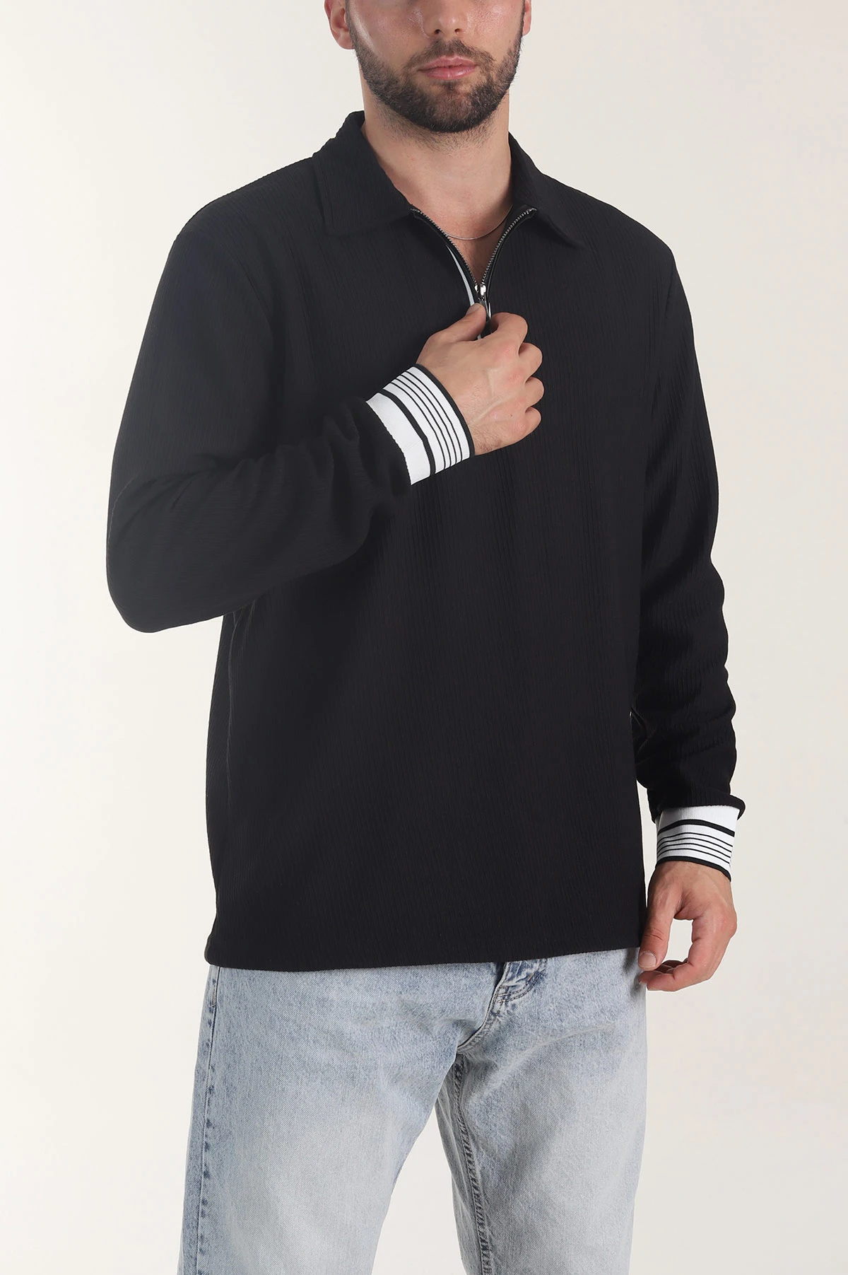 Siyah Fitilli Yarım Fermuarlı Dik Yaka Erkek Sweatshirt 404808