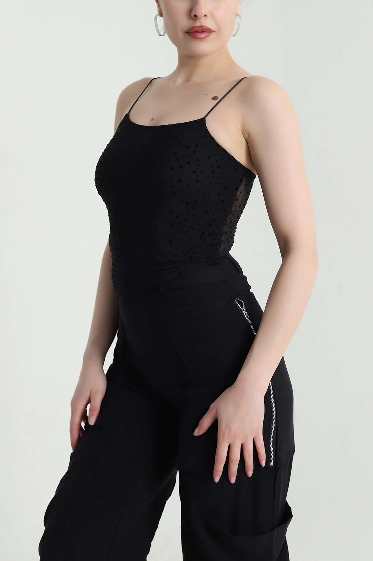 Siyah Flok Baskılı Kadın Tül Bluz 459280