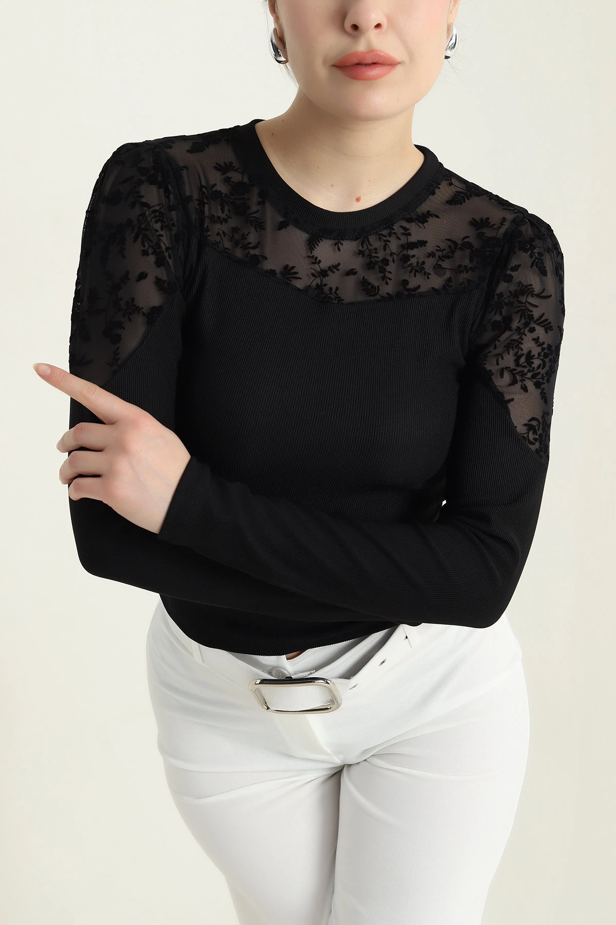 Siyah Flok Baskılı Ottoman Kadın Bluz 439557