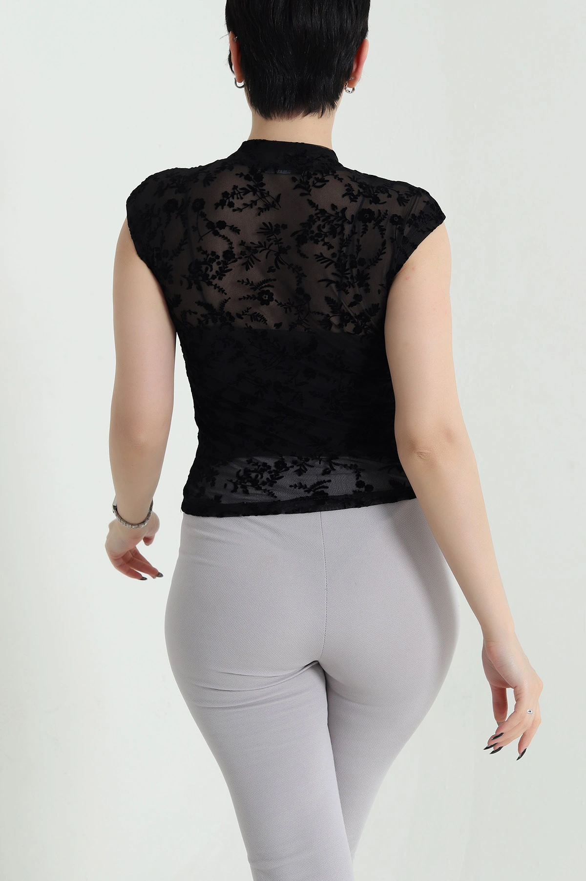 Siyah Flok Baskılı Tül Kadın Bluz 454030