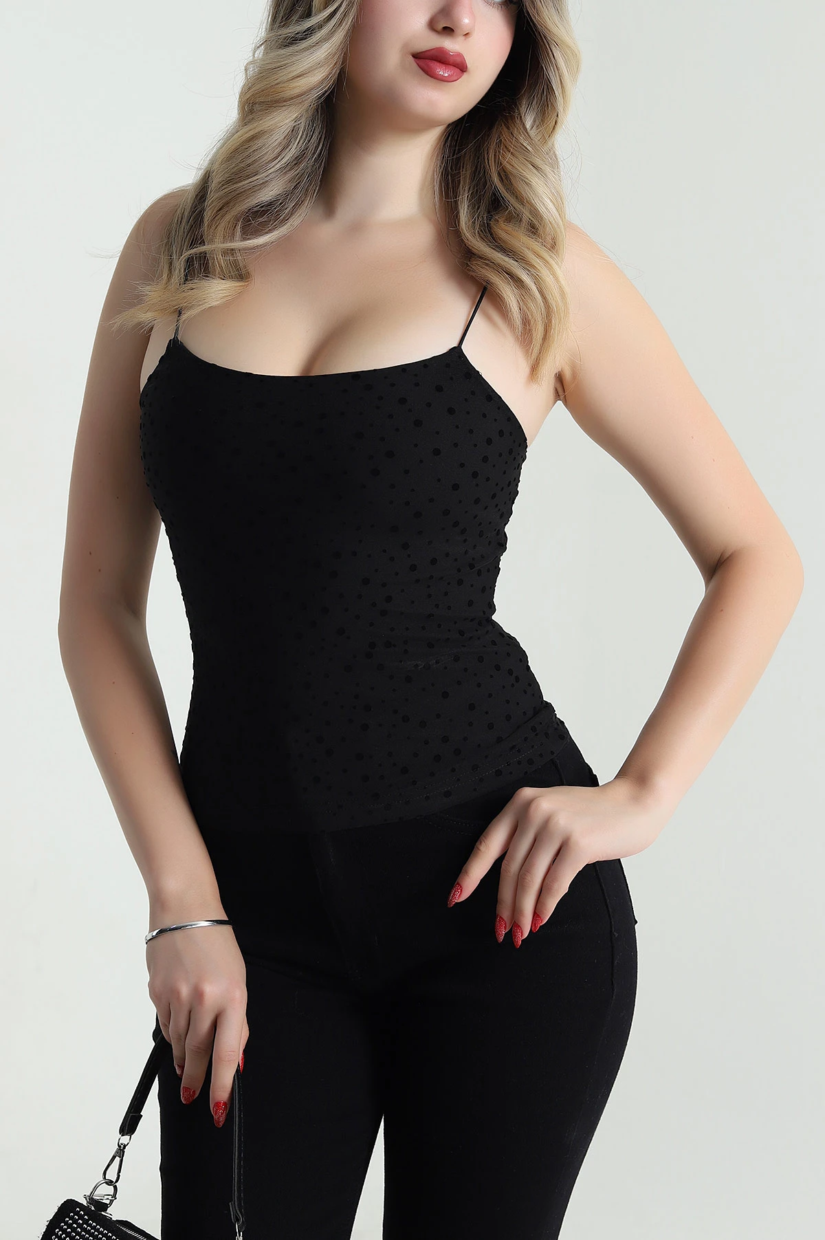 Siyah Flok Baskılı Tül Kadın Bluz 481430