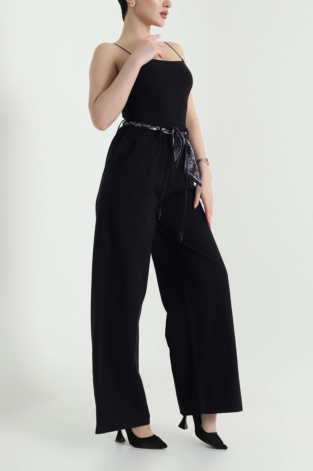 Siyah Fular Kemerli Tensel Gabardin Kadın Pantolon 440438