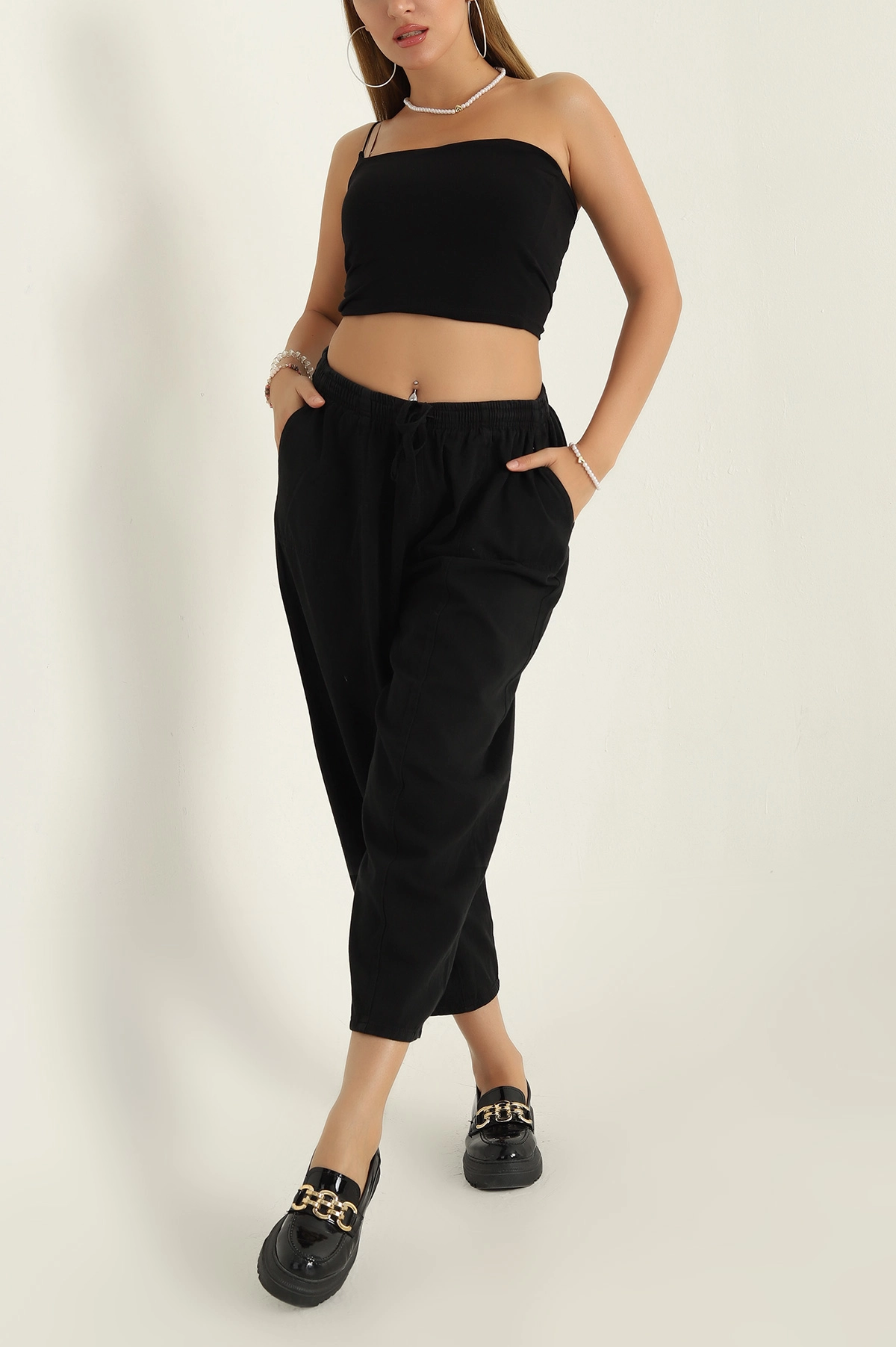 Siyah Gabardin Çimalı Kadın Pantolon 300321