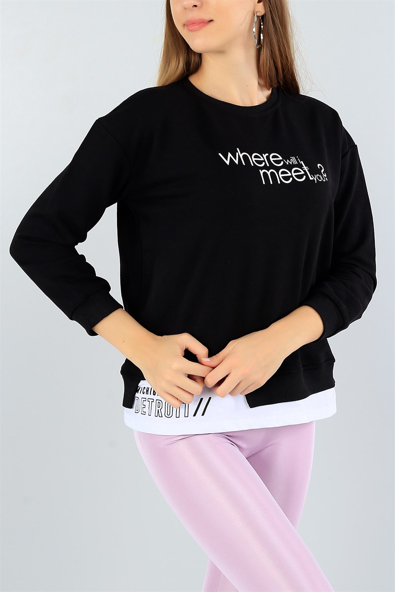 Siyah Garnili Baskılı Bayan Sweat 46730