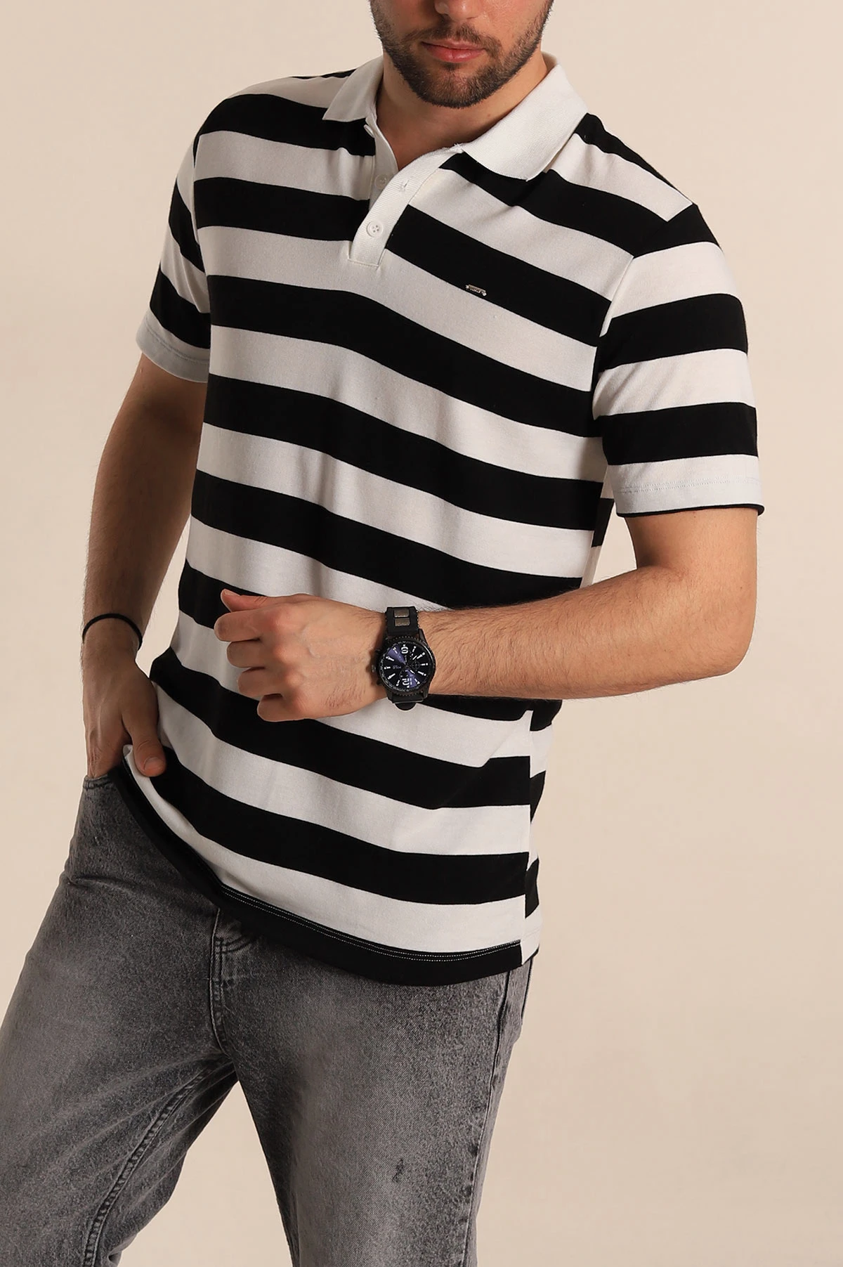 Siyah Geniş Çizgili Relaxed Fit Polo Yaka Erkek Triko Tişört 268148