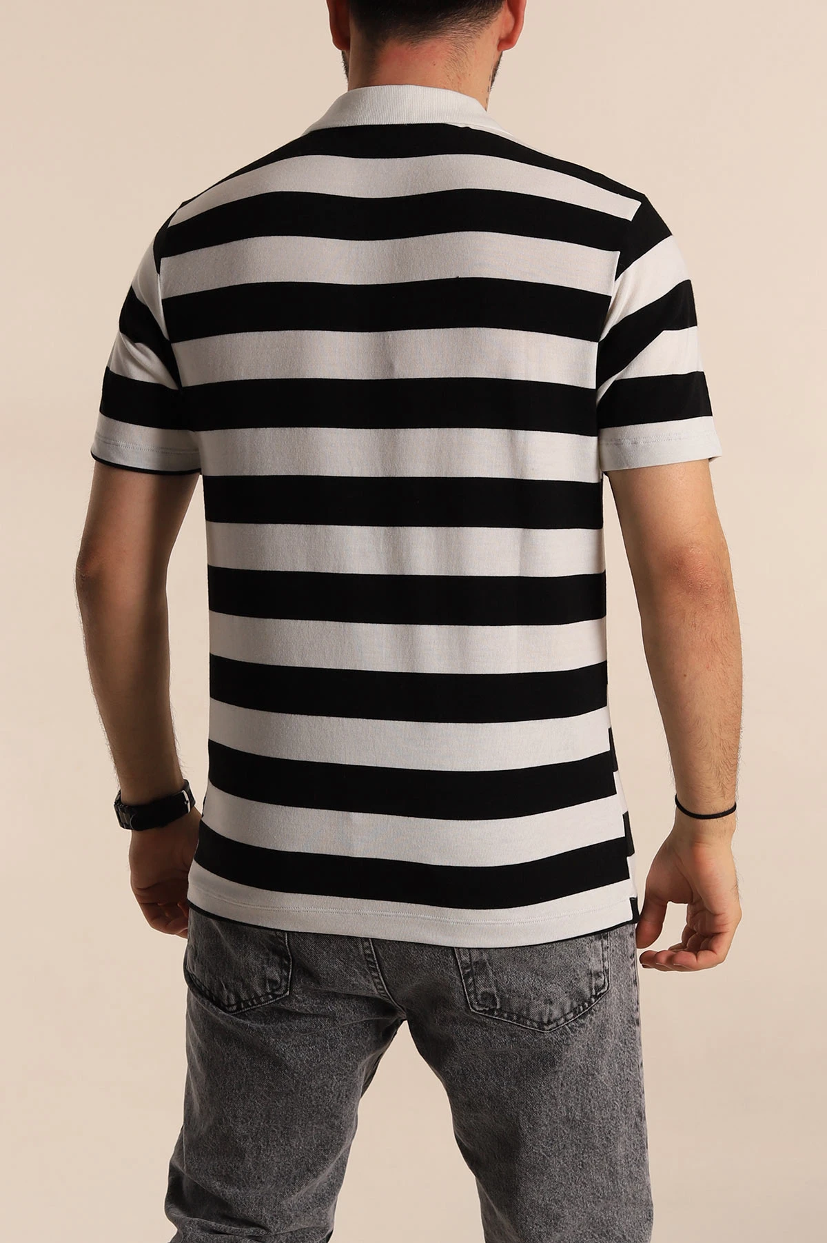 Siyah Geniş Çizgili Relaxed Fit Polo Yaka Erkek Triko Tişört 268148