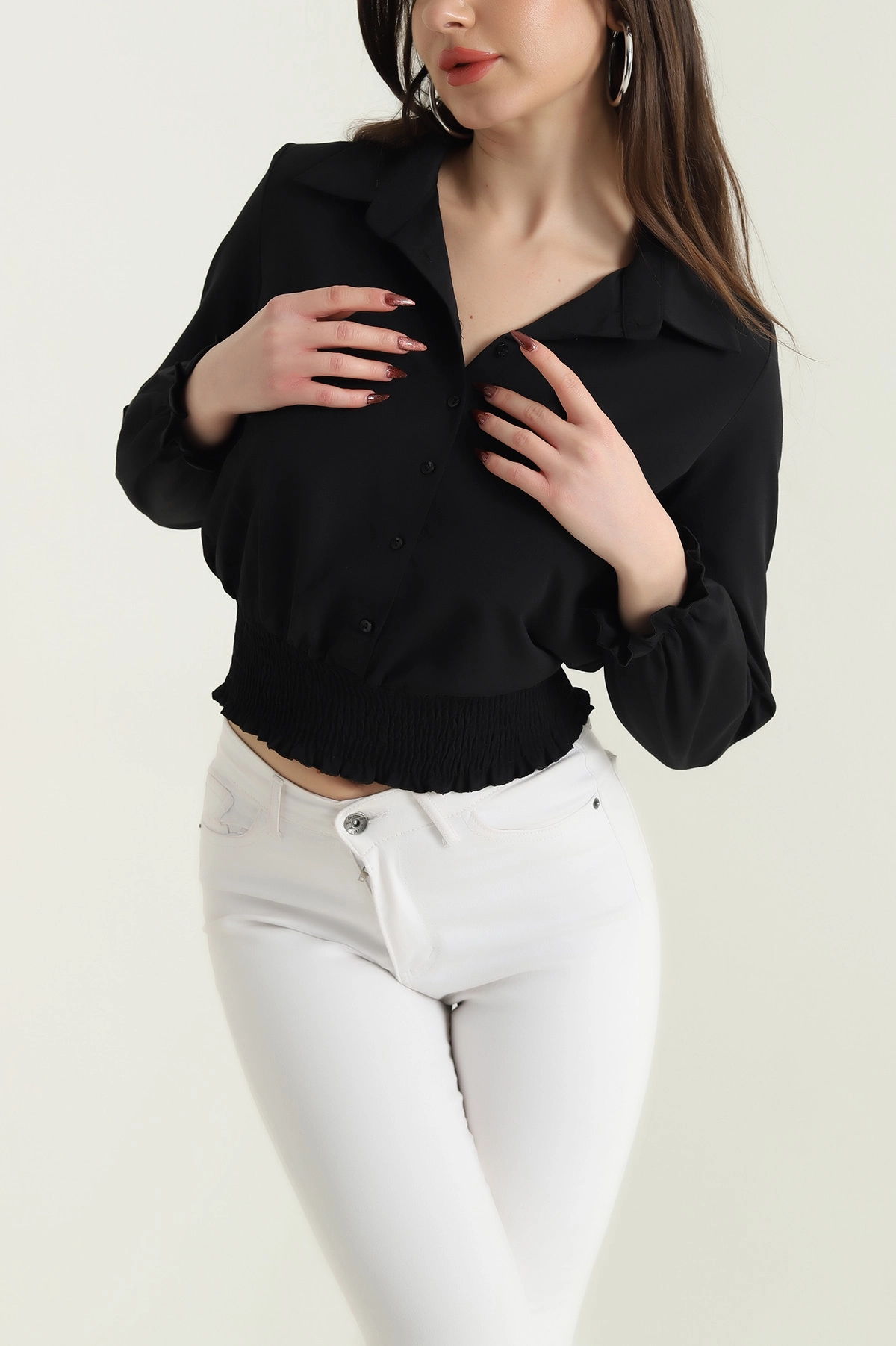 Siyah Gipeli Poplin Kadın Gömlek Bluz 436993