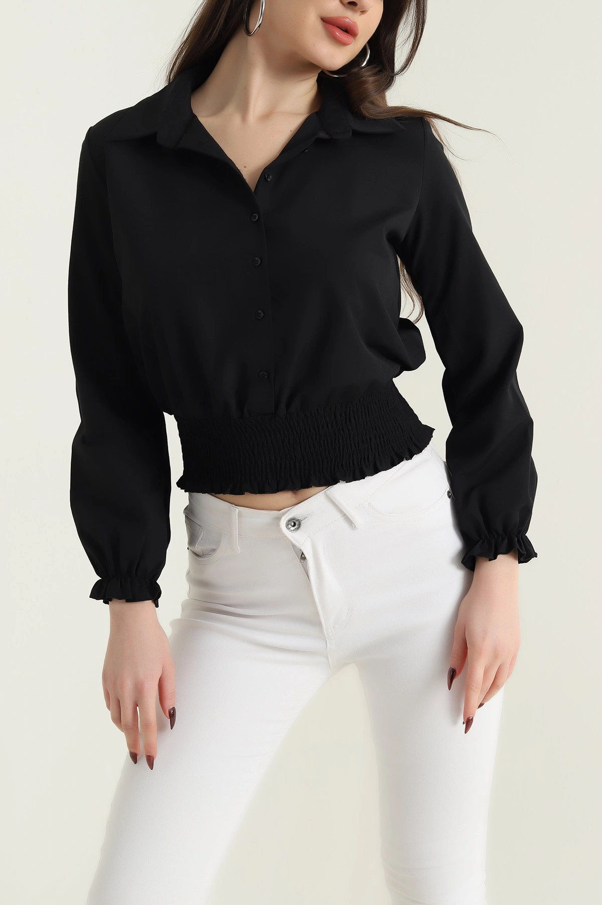 Siyah Gipeli Poplin Kadın Gömlek Bluz 436993
