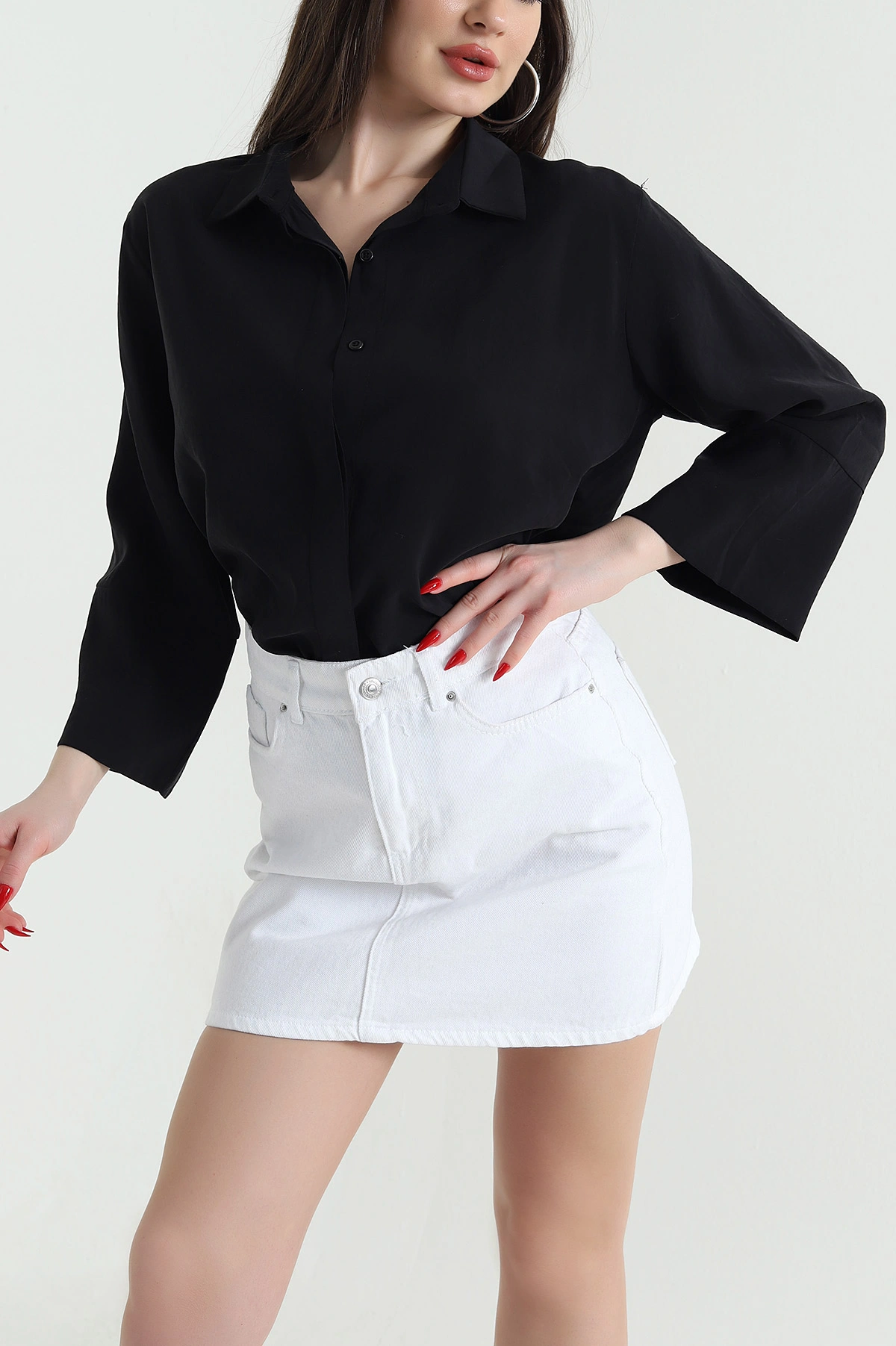Siyah Gizli Pat Oversize Modal Kadın Gömlek 440199