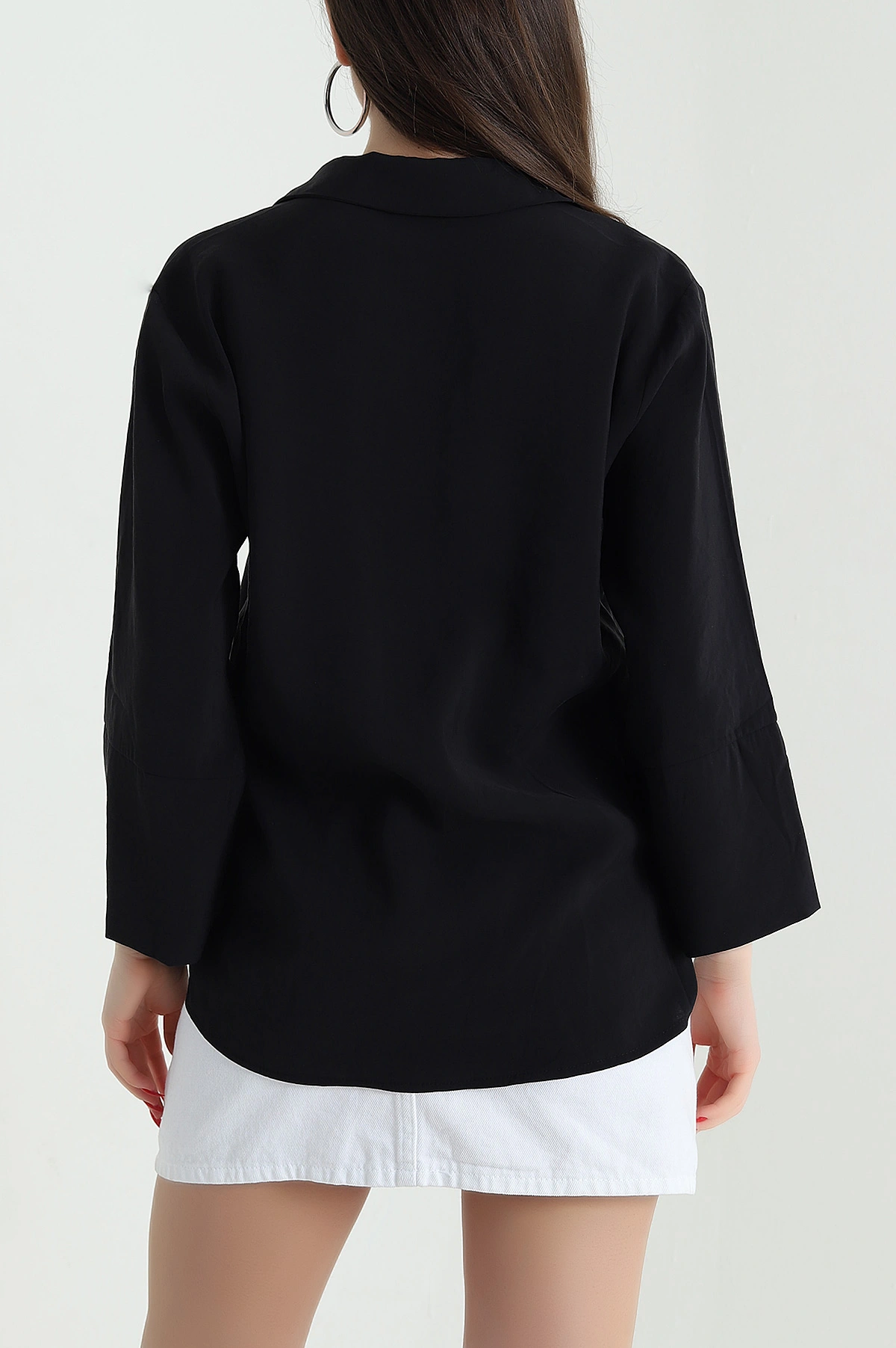 Siyah Gizli Pat Oversize Modal Kadın Gömlek 440199