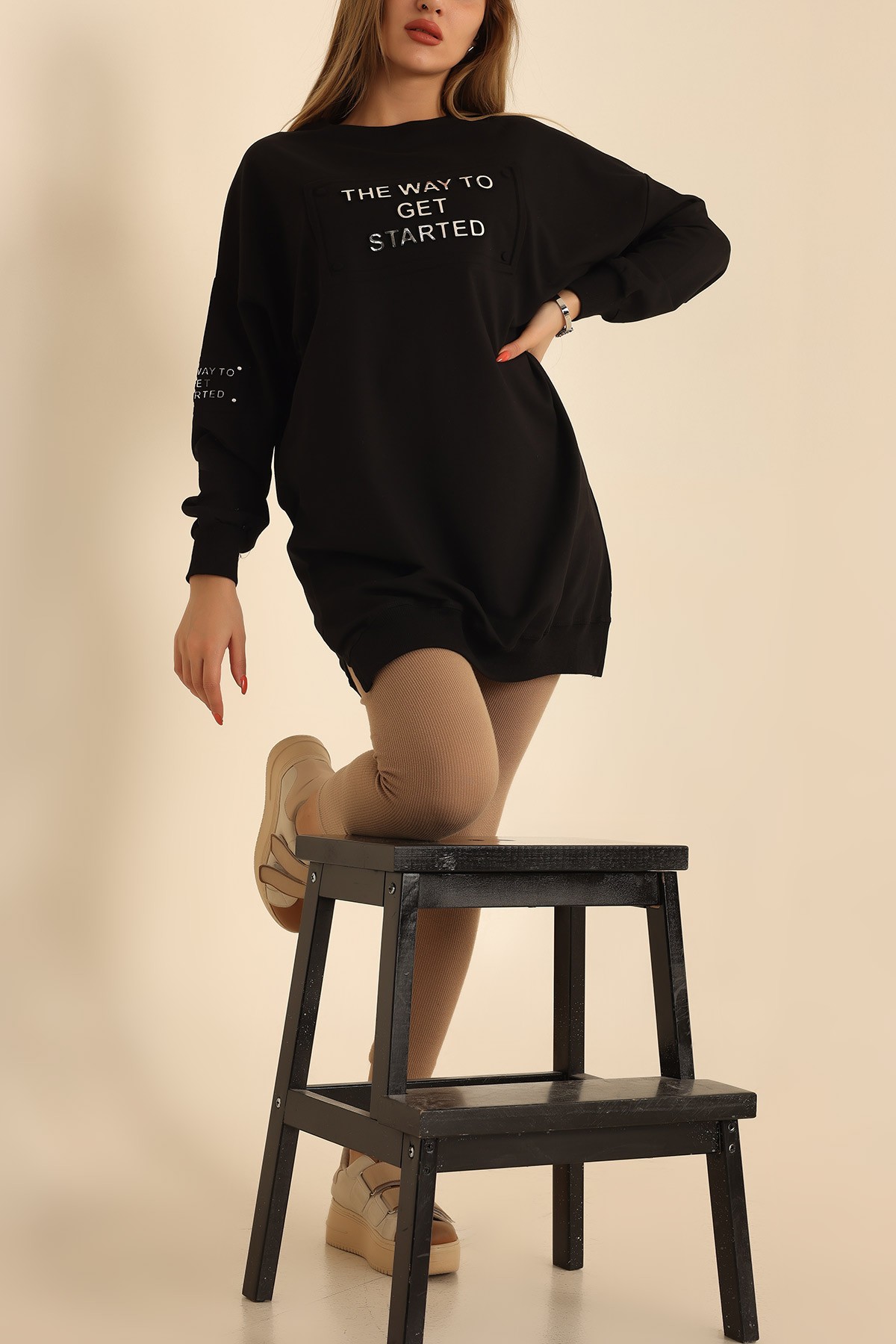 Siyah Gofre Baskılı İki İp Sweat 213128
