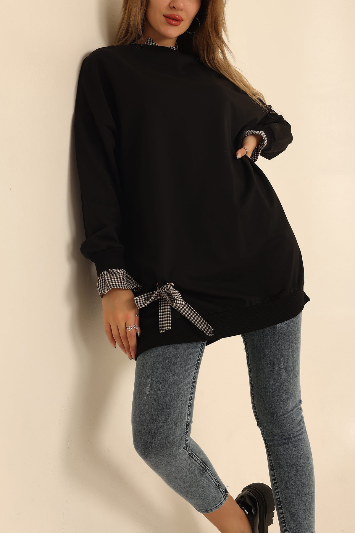 Siyah Gofre Garnili İki İp Tunik 210055
