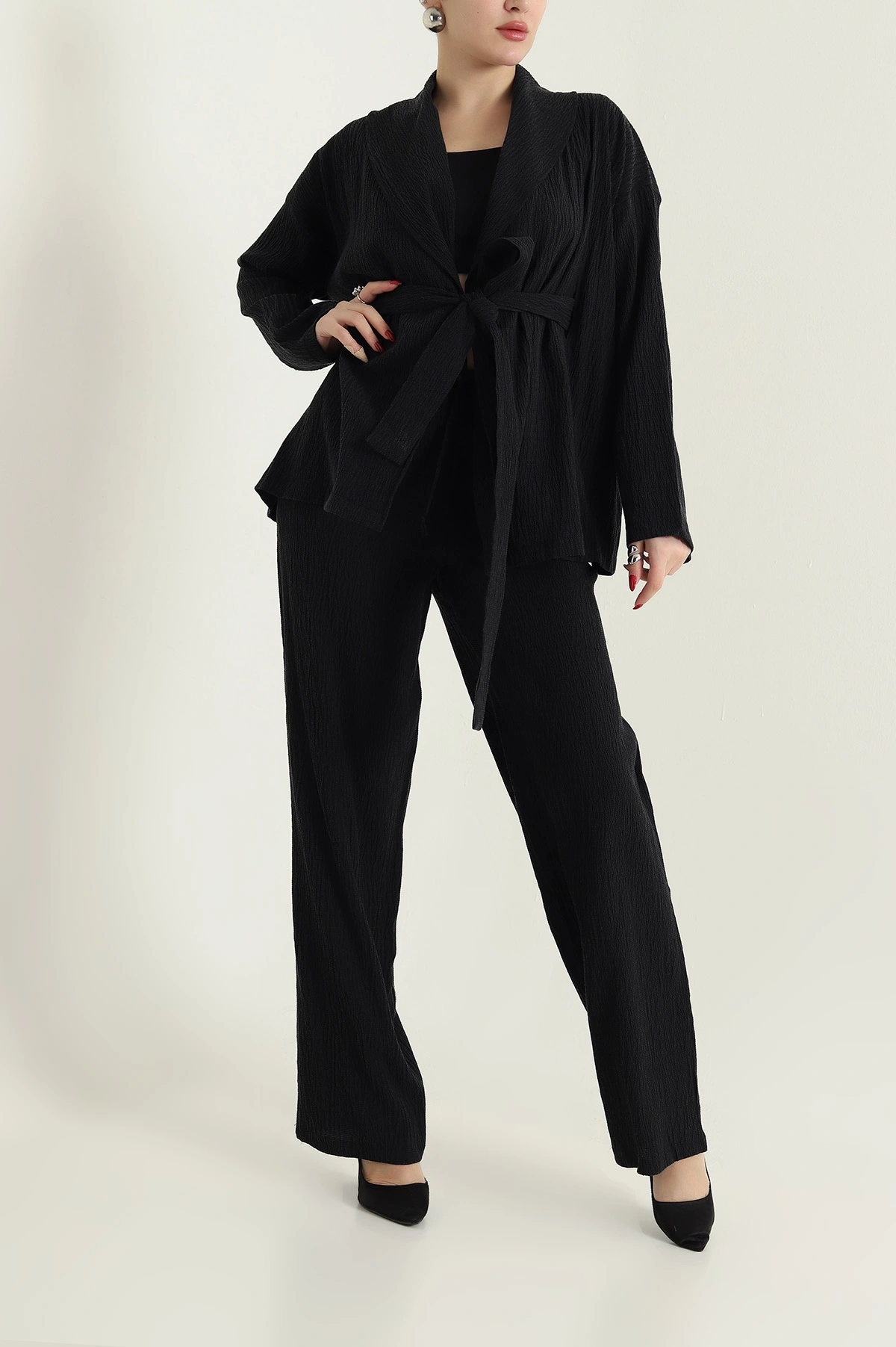 Siyah Gofre Kimono Pantolon Kadın İkili Takım 429929