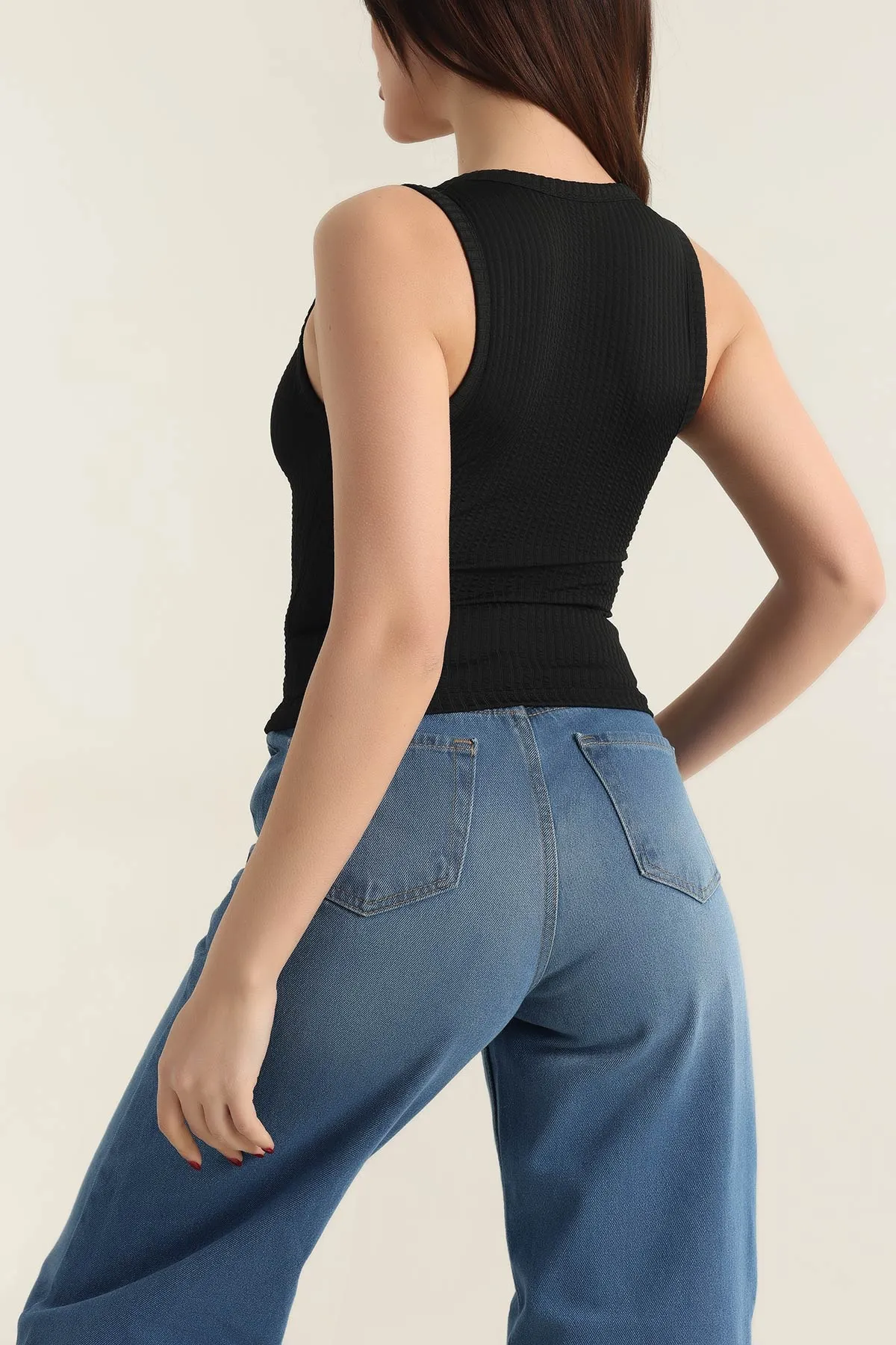 Siyah Gofre Kolsuz Likralı Bluz 337336