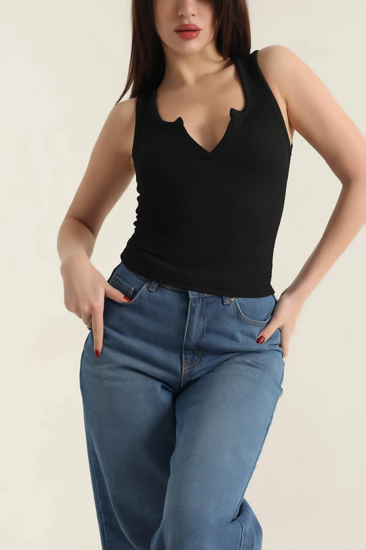 Siyah Gofre Kolsuz Likralı Bluz 337336