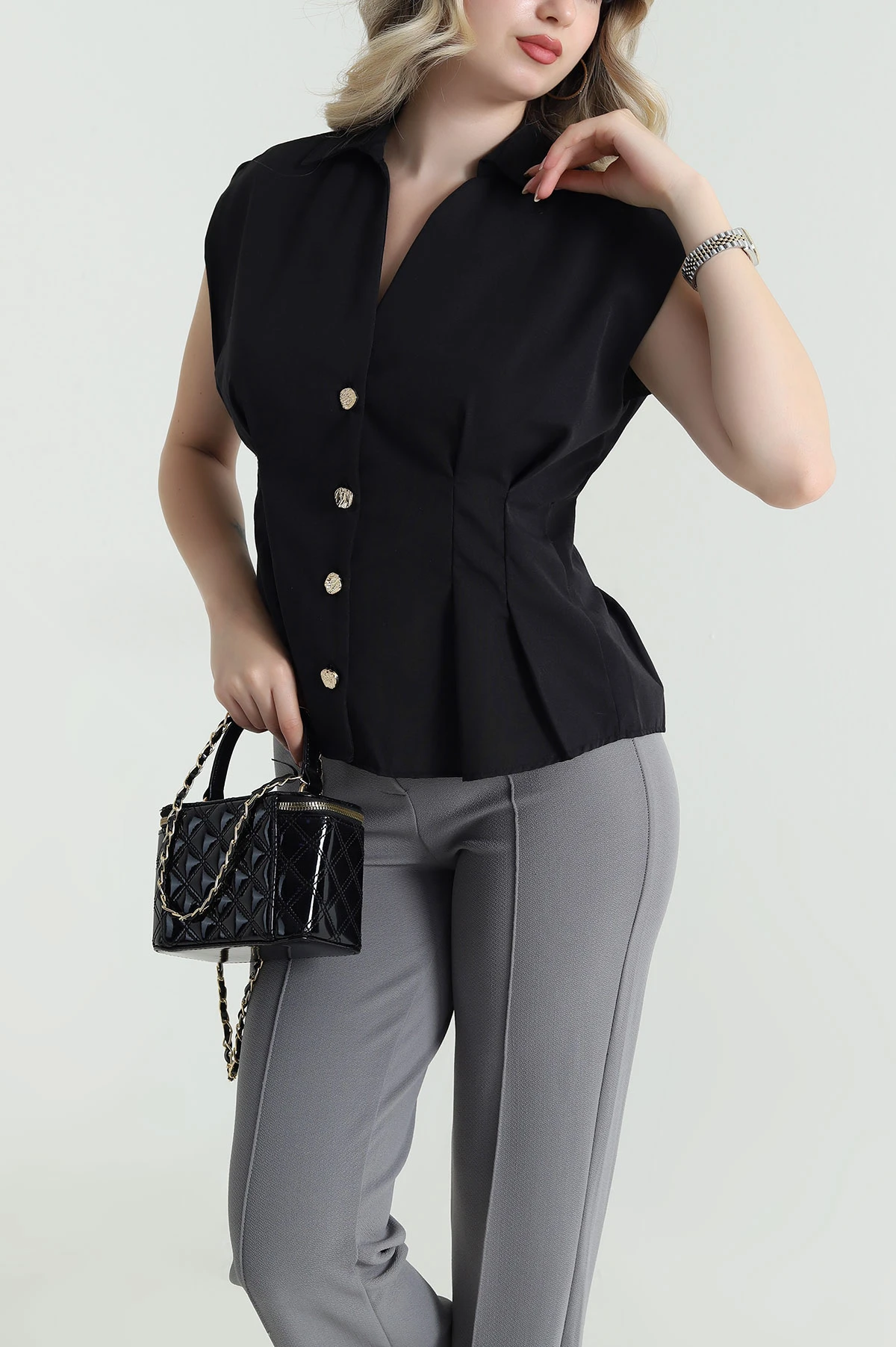 Siyah Gold Düğmeli Poplin Kadın Yelek 465403