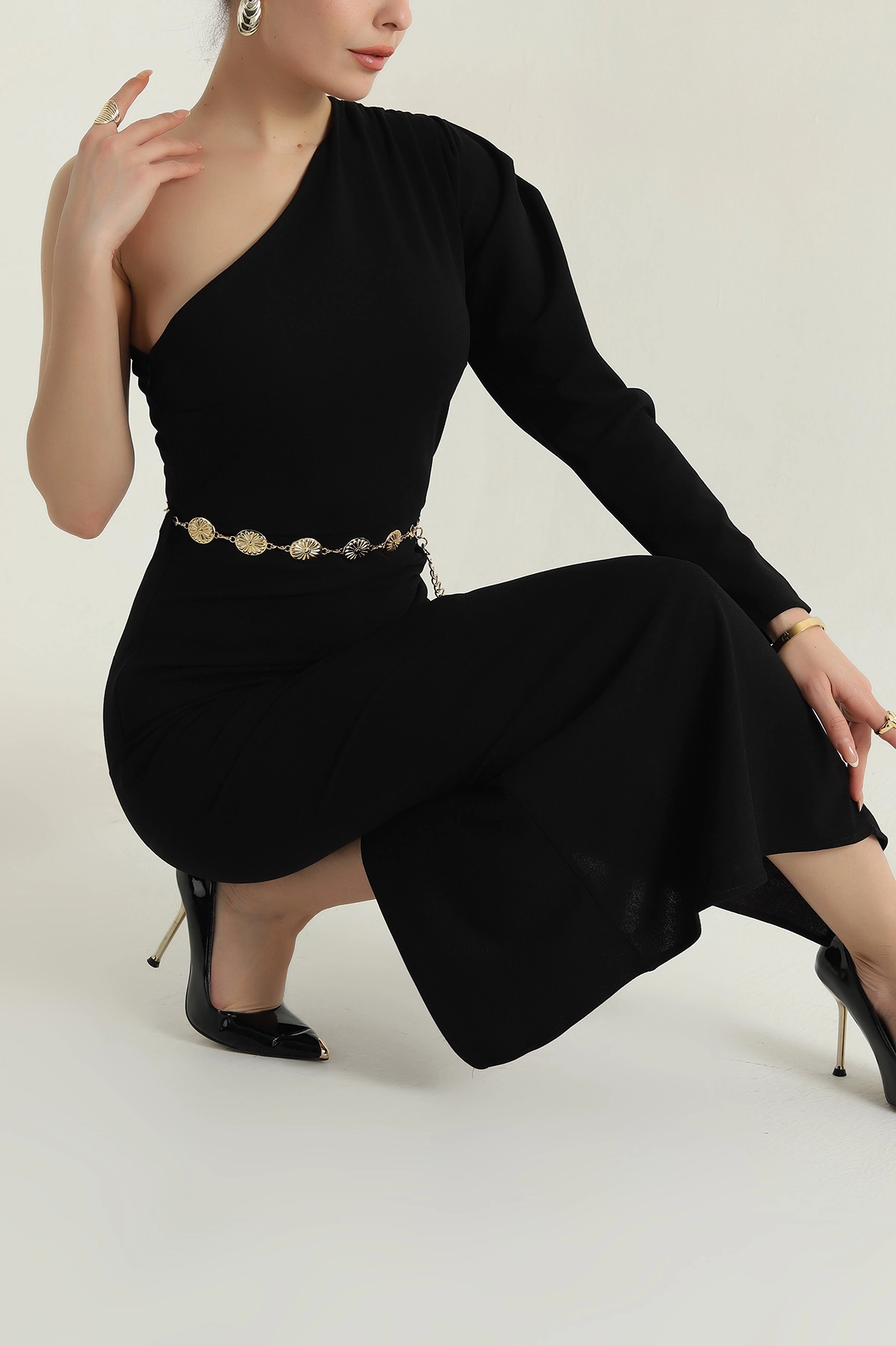 Siyah Gold Kemerli Crep Kadın Abiye 406473