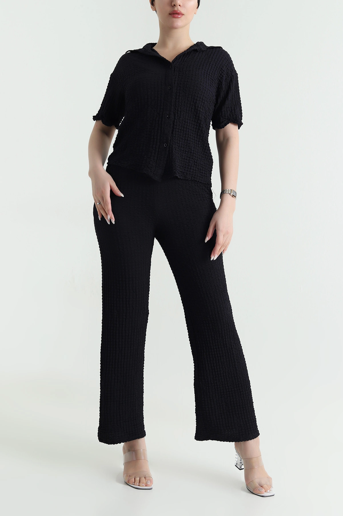 Siyah Gömlek Pantolon Gofre Kadın İkili Takım 449505