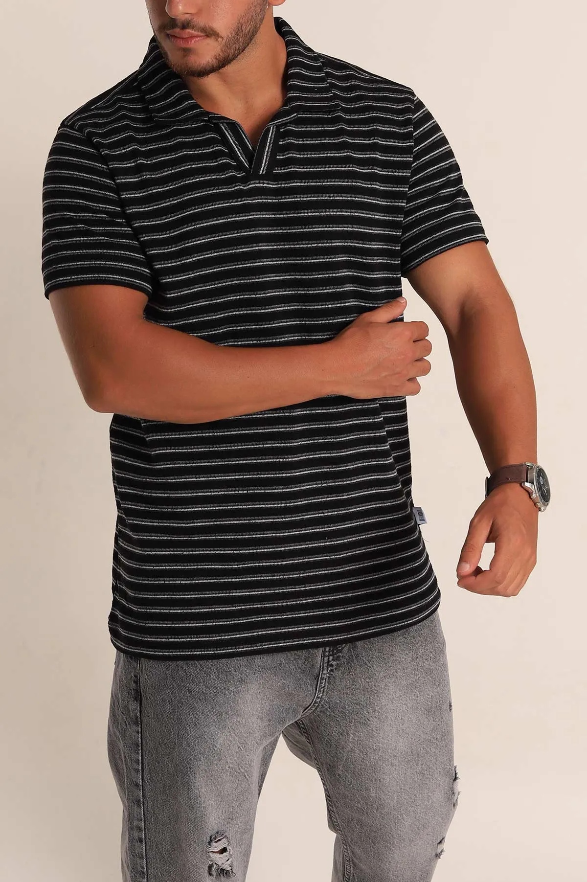 Siyah Gri Çizgili Regular Fit Polo Yaka Erkek Tişört 262717