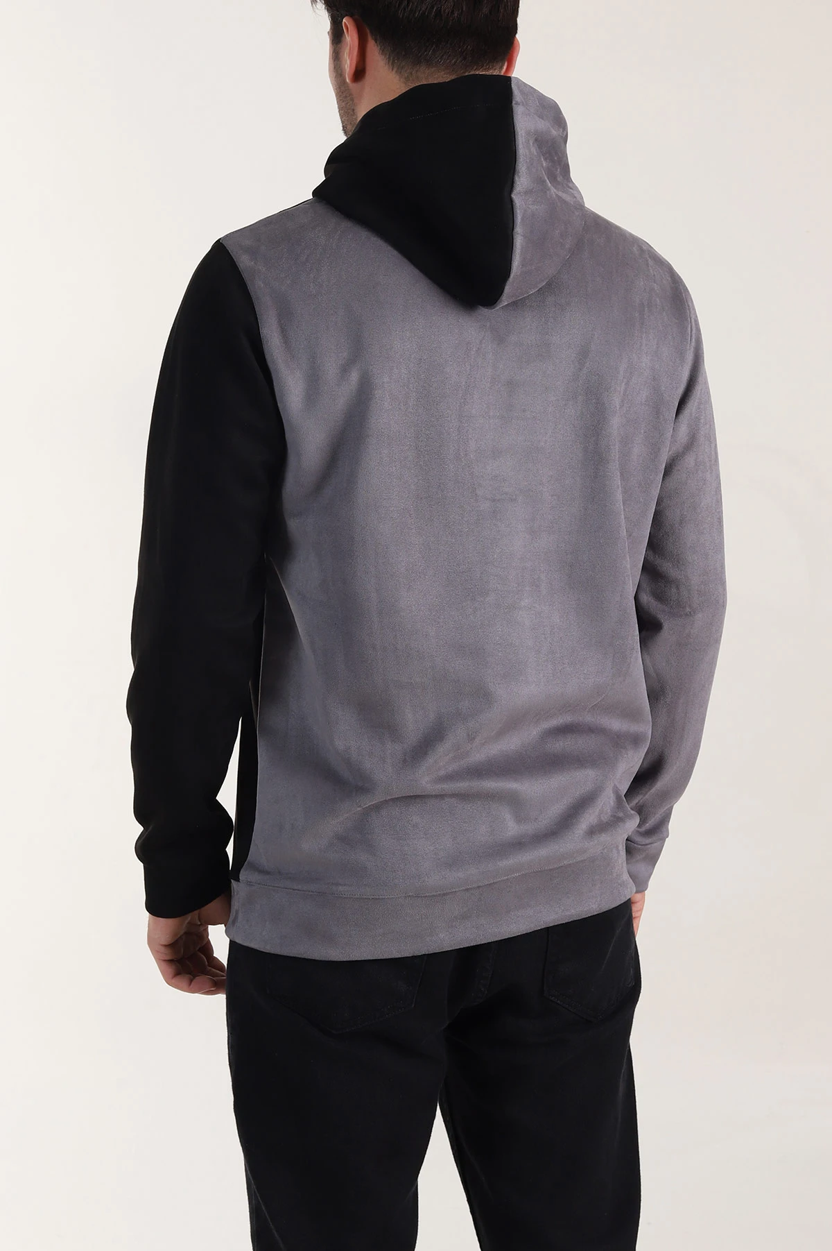 Siyah Gri Kapüşonlu Yazı Detaylı Cepli Erkek Sweatshirt 413632
