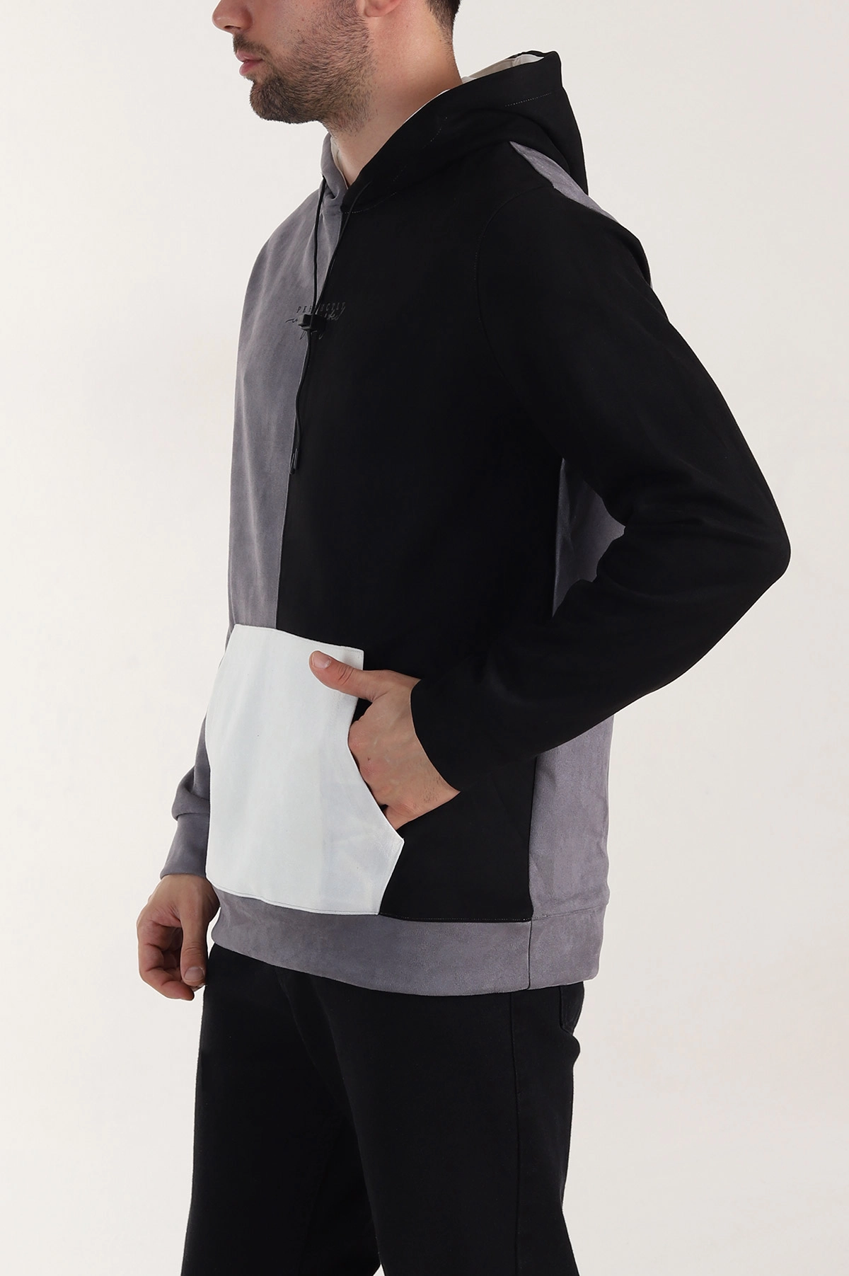Siyah Gri Kapüşonlu Yazı Detaylı Cepli Erkek Sweatshirt 413632