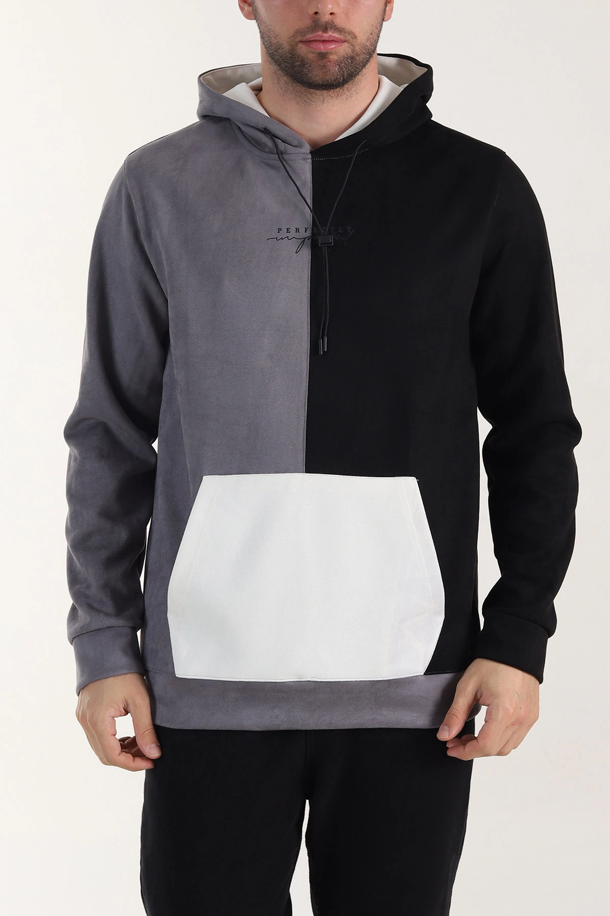 Siyah Gri Kapüşonlu Yazı Detaylı Cepli Erkek Sweatshirt 413632