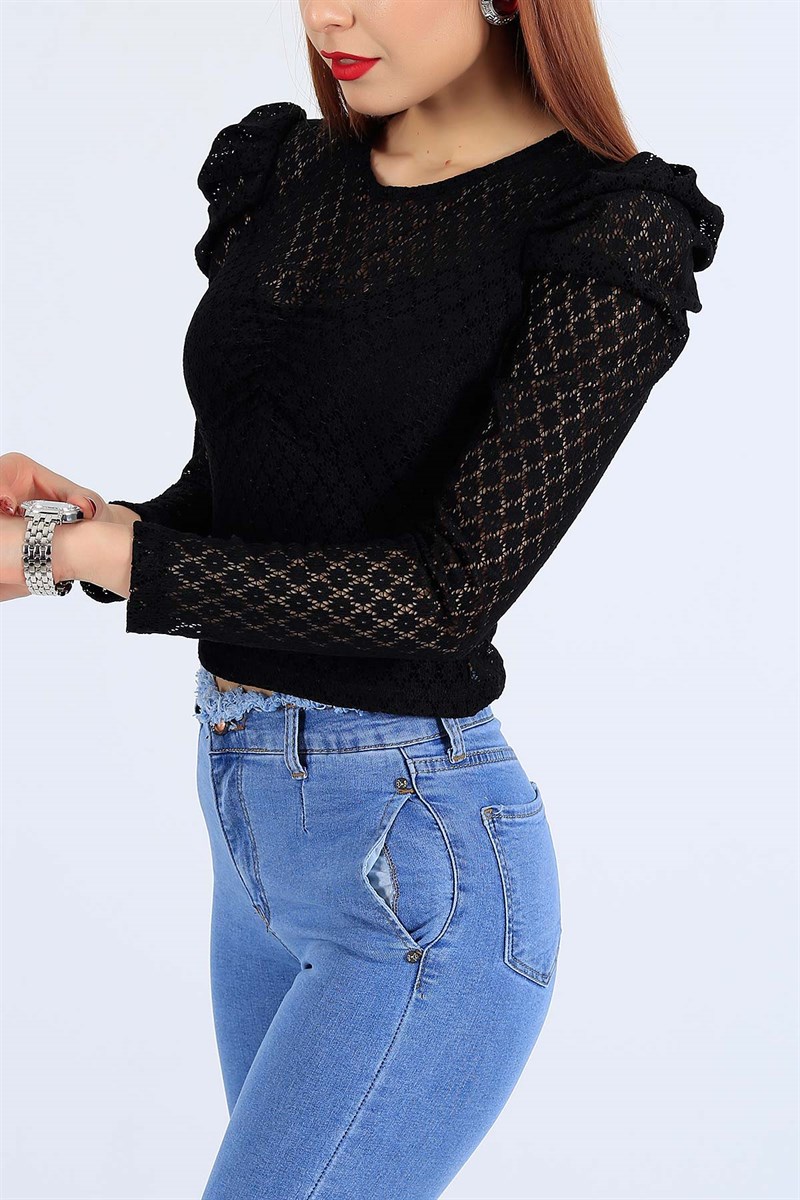 Siyah Güpür Detay Bluz 26137B