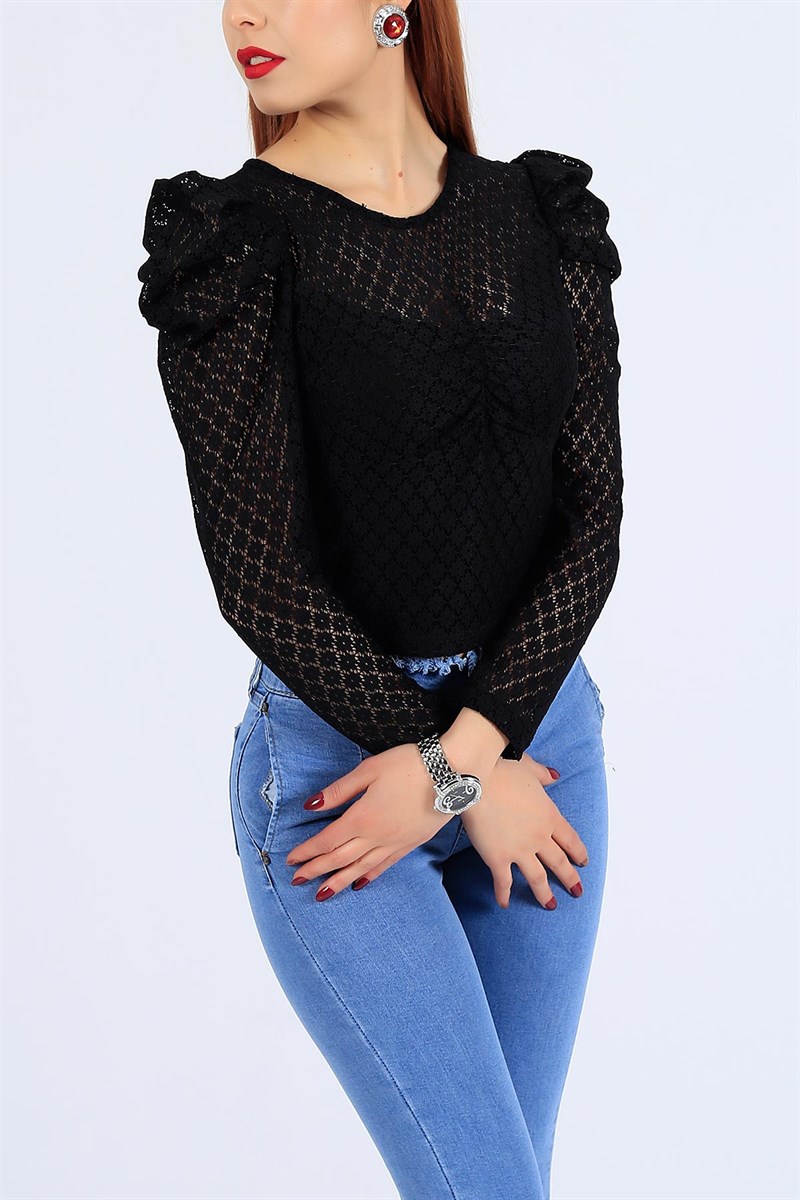 Siyah Güpür Detay Bluz 26137B