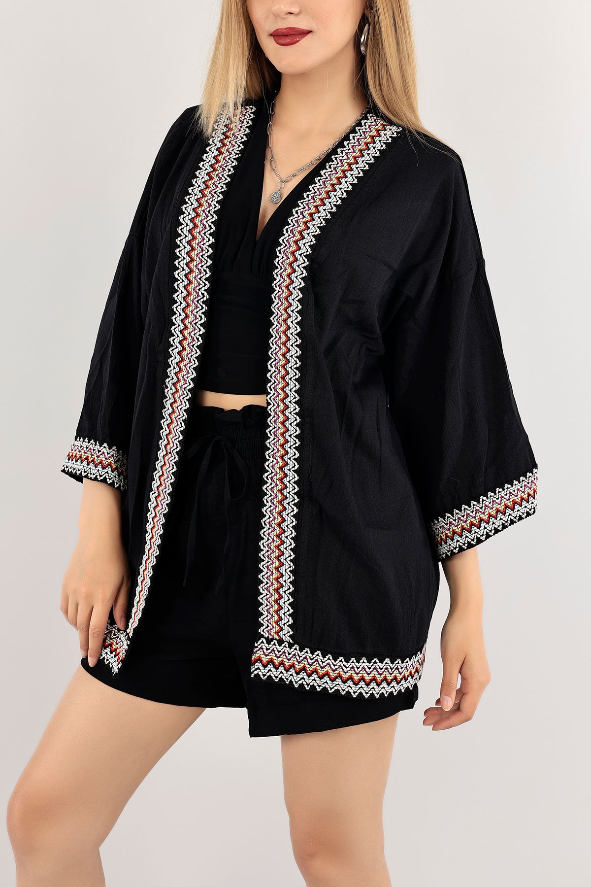 Siyah Güpürlü Keten Kimono Hırka 115216