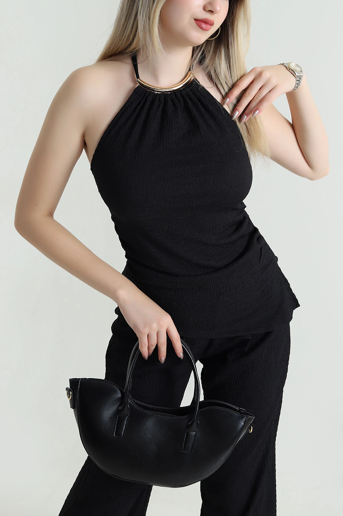 Siyah Halter Yaka Bürümcük Kadın İkili Takım 470286