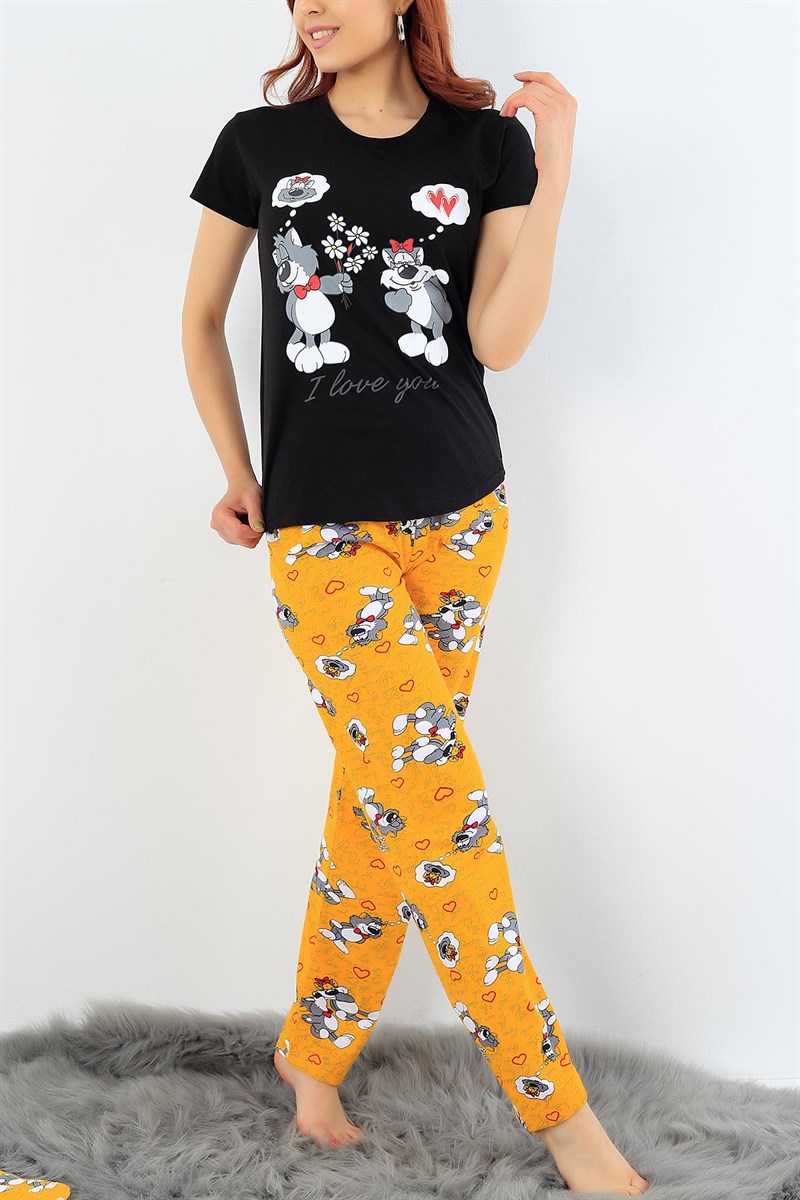 Siyah Hardal Baskılı Bayan Pijama Takımı 32062