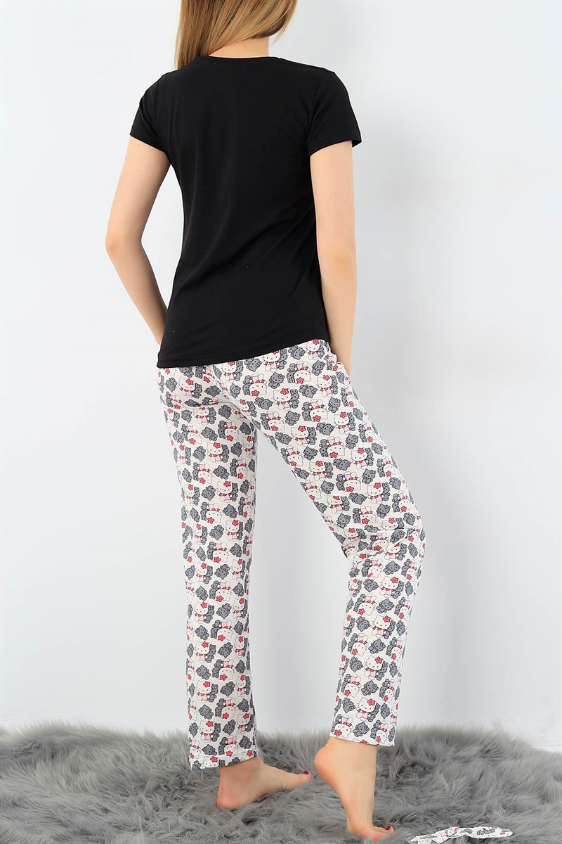 Siyah Hello Kity Baskılı Bayan Pijama Takımı 33418