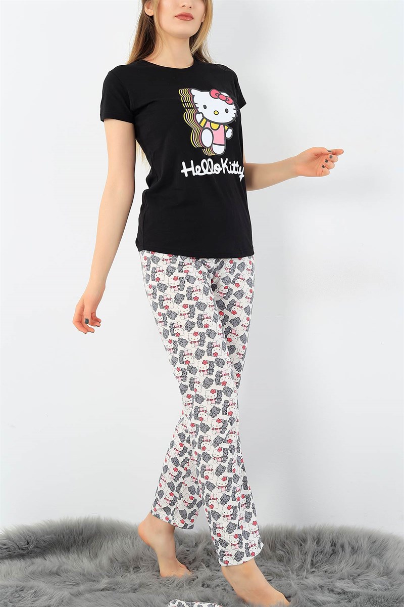 Siyah Hello Kity Baskılı Bayan Pijama Takımı 33418