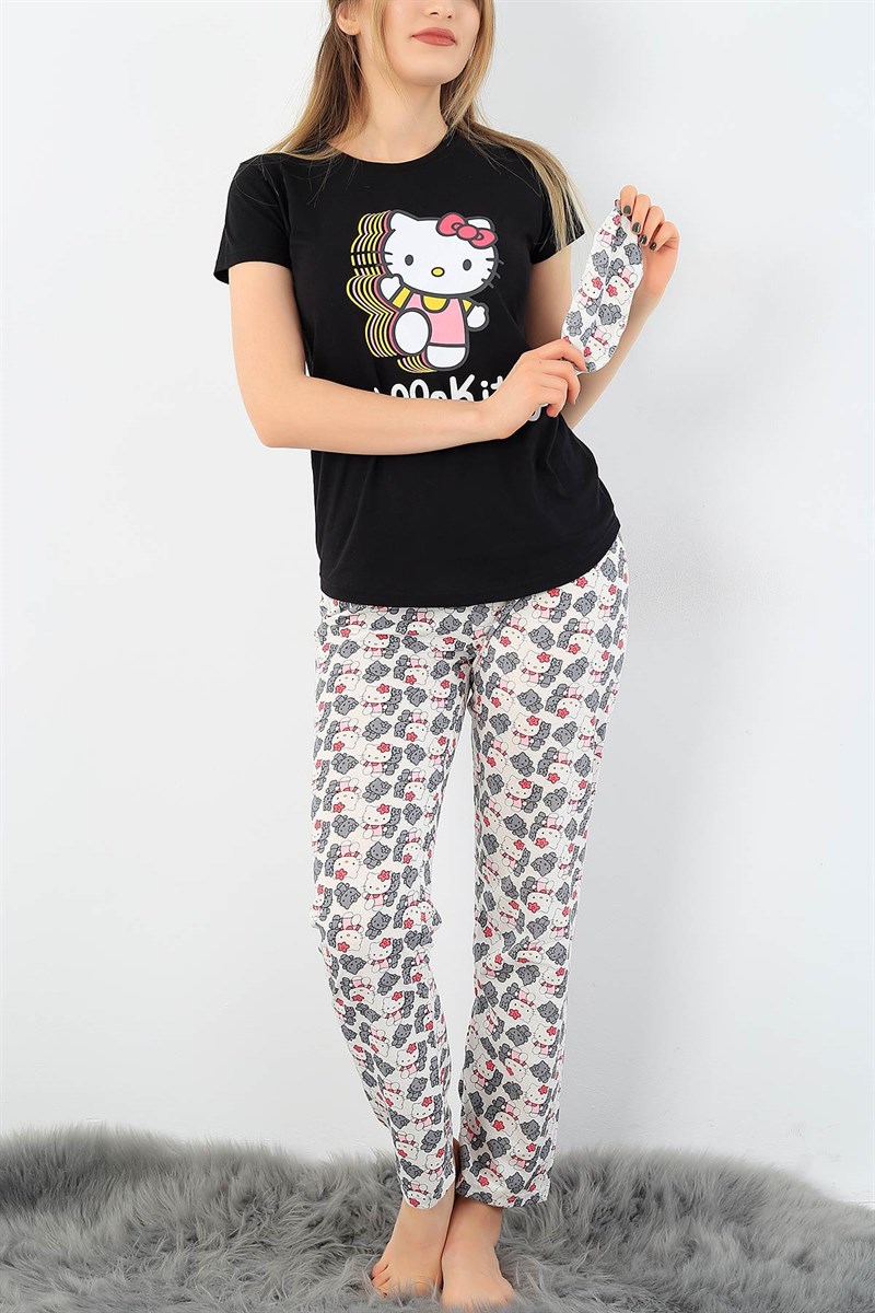 Siyah Hello Kity Baskılı Bayan Pijama Takımı 33418