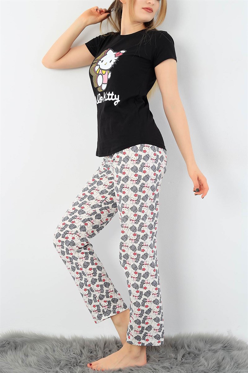 Siyah Hello Kity Baskılı Bayan Pijama Takımı 33418