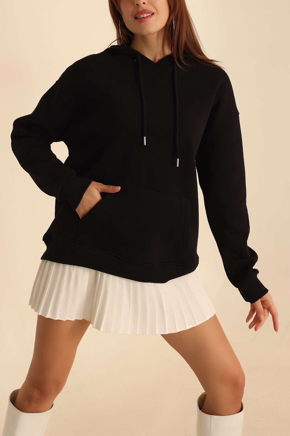 Siyah İçi Şardonlu Kanguru Cep Sweat 207837