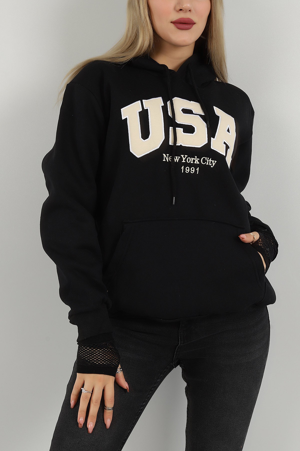 Siyah İçi Şardonlu Kapüşonlu Bayan Sweat 146380