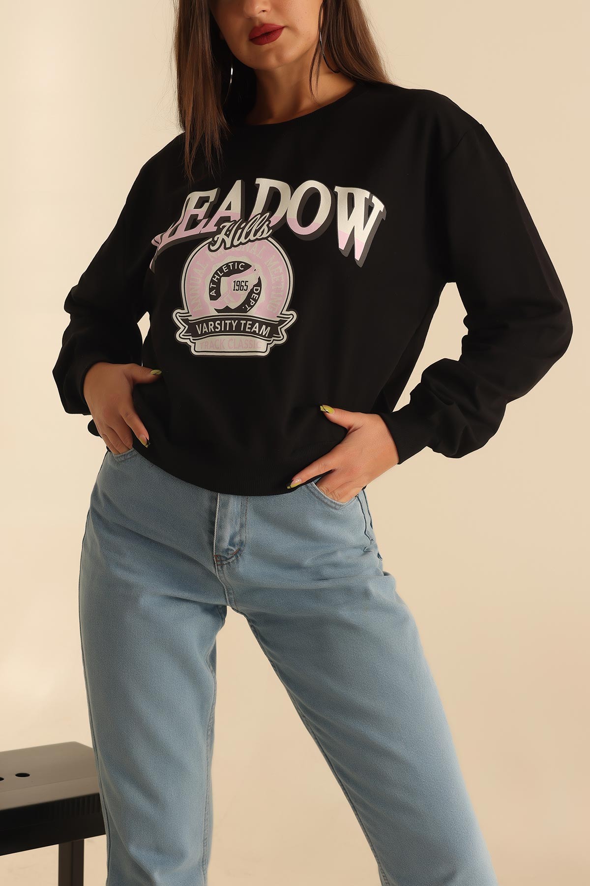 Siyah İki İp Baskılı Bayan Sweat 201636